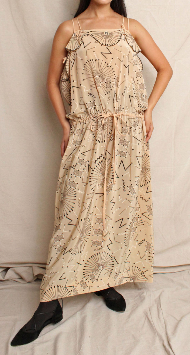 zandra rhodes vintage dress scalloped bows drop waist novelty print 70s 80s