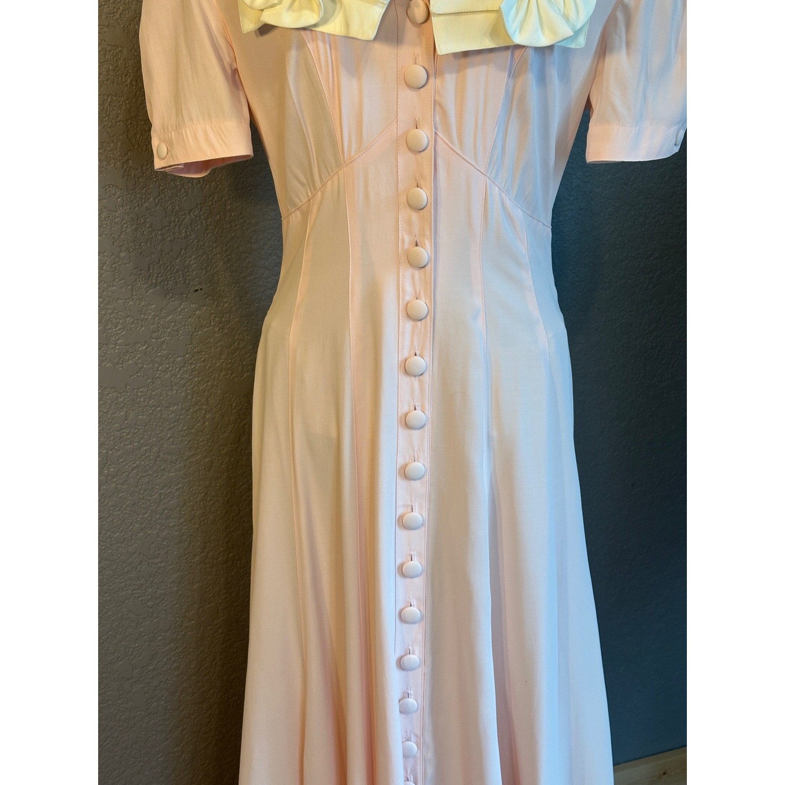 Vtg Karen Alexander 8 Pink Sailor Collar Maxi Dress Bows Button up Cottagecore