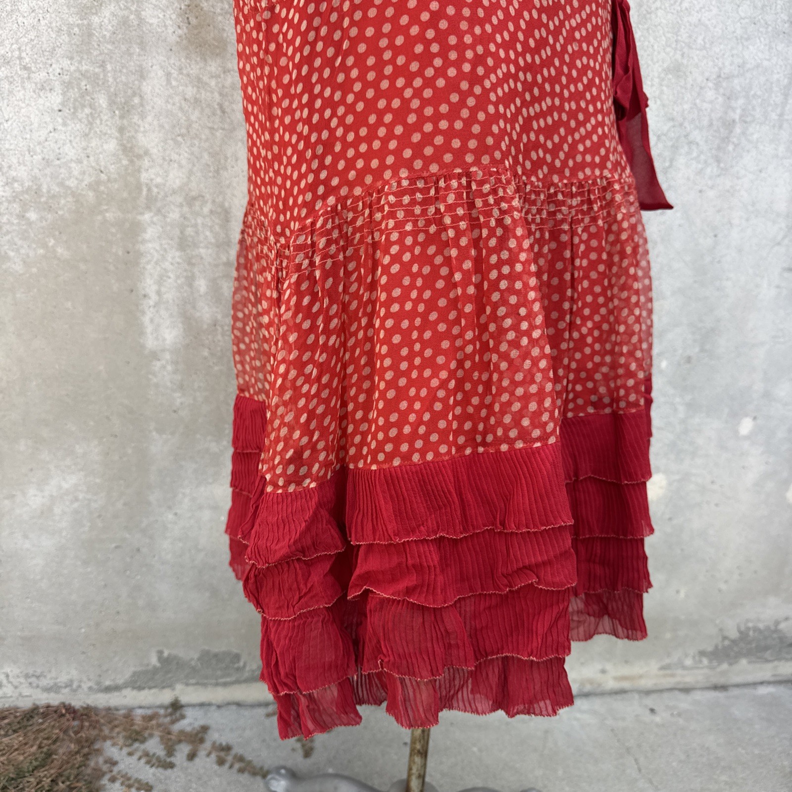 Antique 1920s Red Silk Chiffon Dress Polka Dot Asymmetrical Bow Marjone Vintage