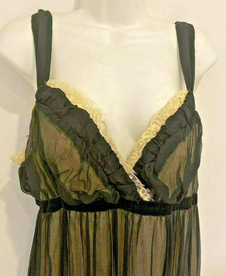 Vintage XL Nightie Anna Paul Black Silk Chiffon Lace Velvet 9″ Side Zip USA