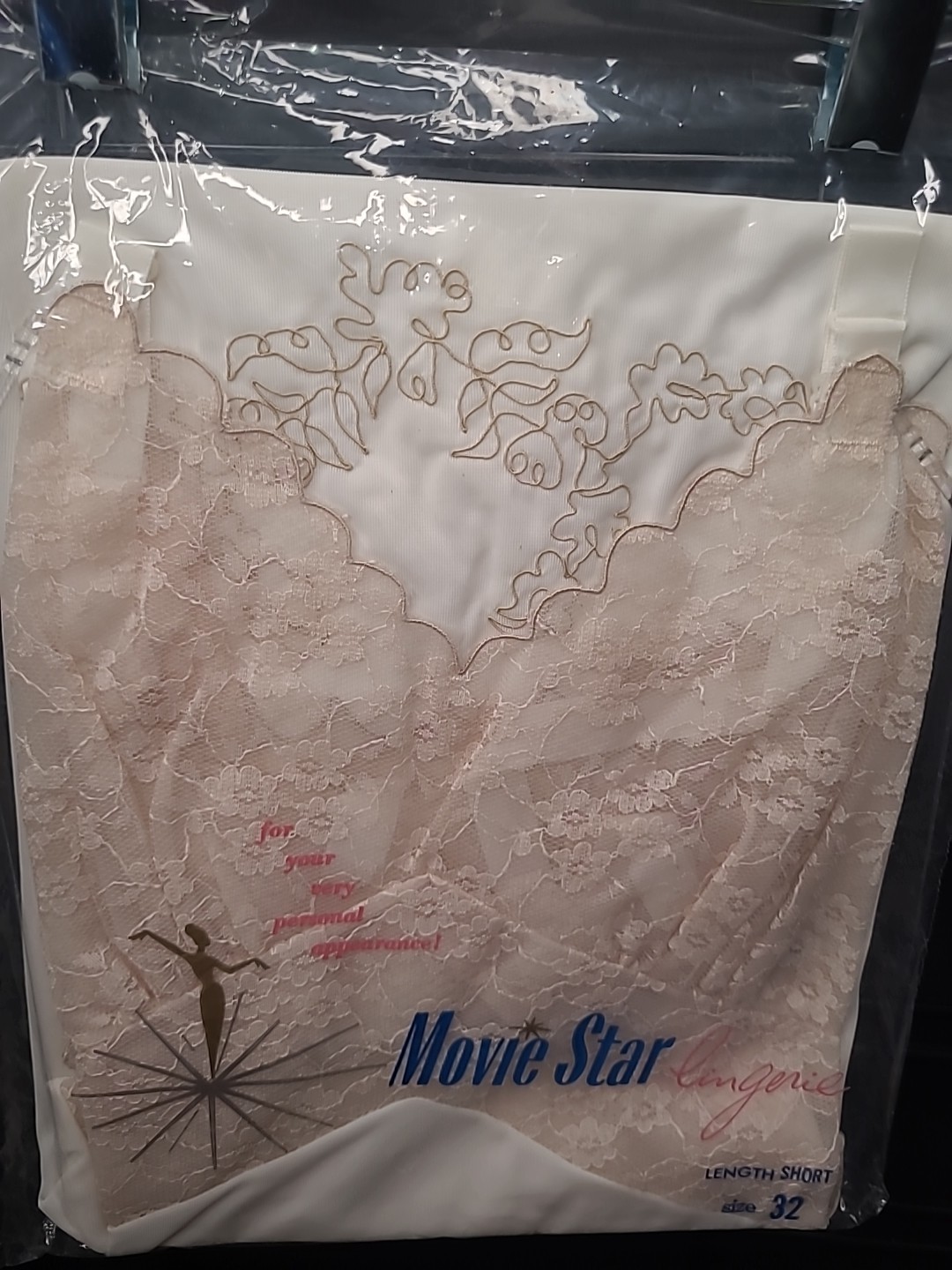 Vintage Movie Star Lingerie Full Slip 32 Short Ivory Nylon Blush Pink Lace NOS