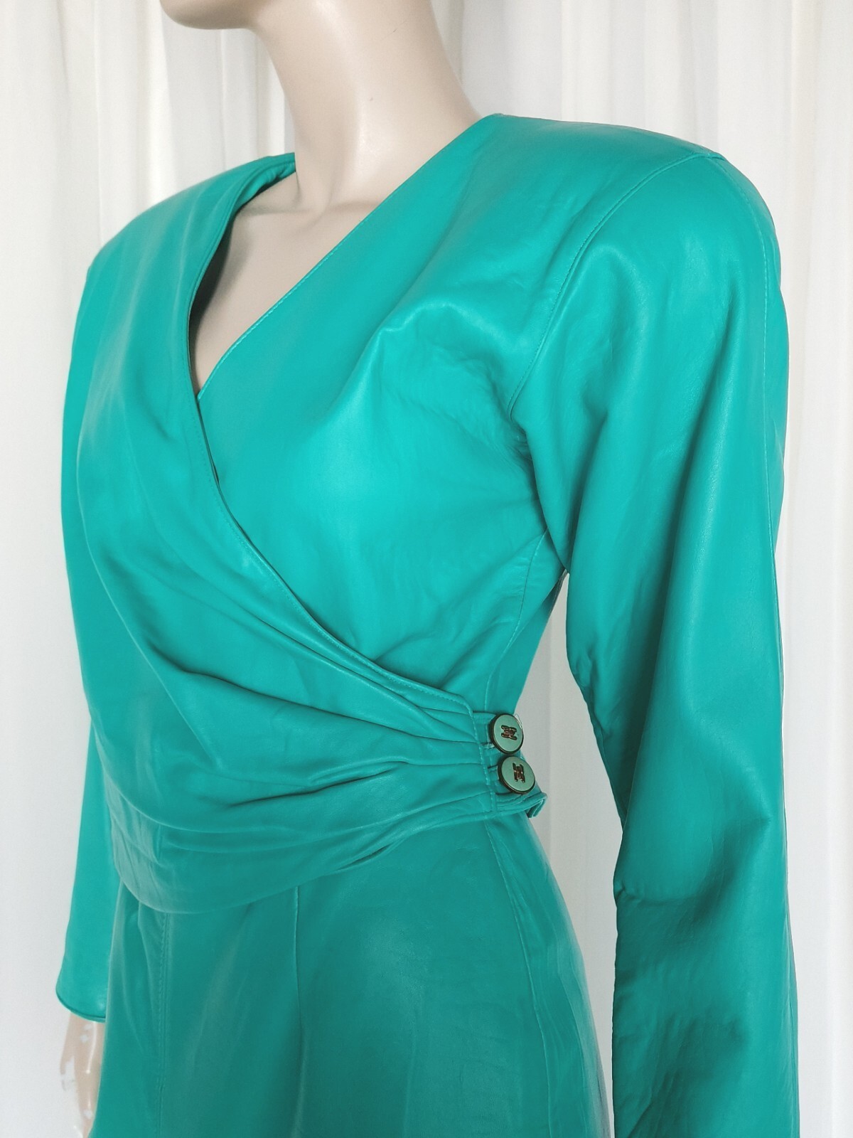 Vtg 80s Rumors n Gossip 2pc Leather Blazer & Skirt Suit Set aquamarine S/M