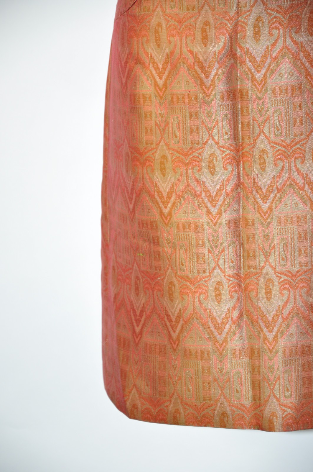 60s Vintage Copper Rust Brown Silk Ikat Short Sleeve Wiggle Dress Women S M