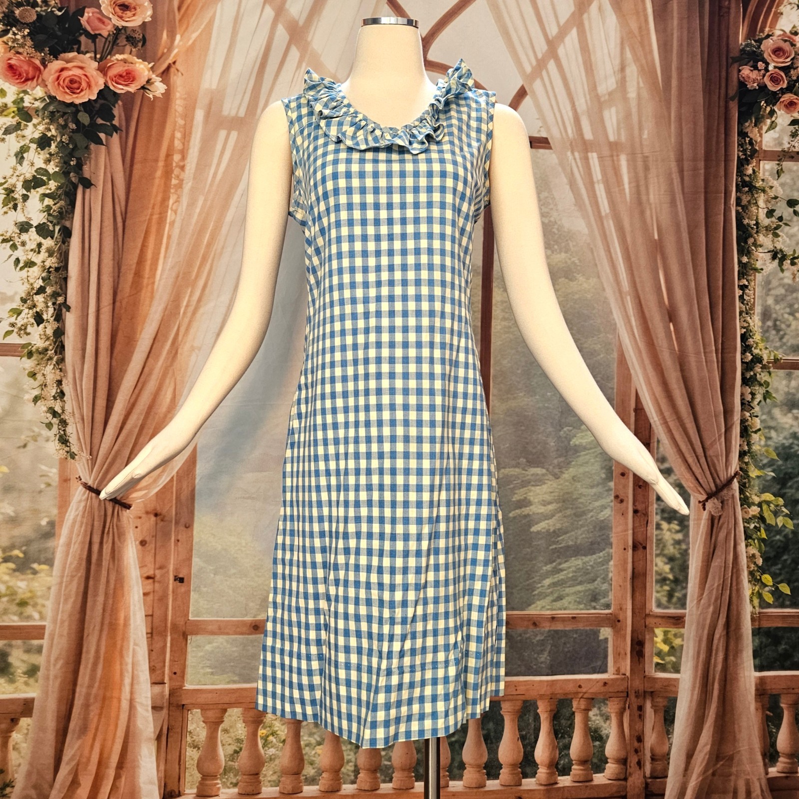 Vintage 1960’s Dress Shift Mod Sleeveless Blue Cream Gingam Check Plaid Ruffle