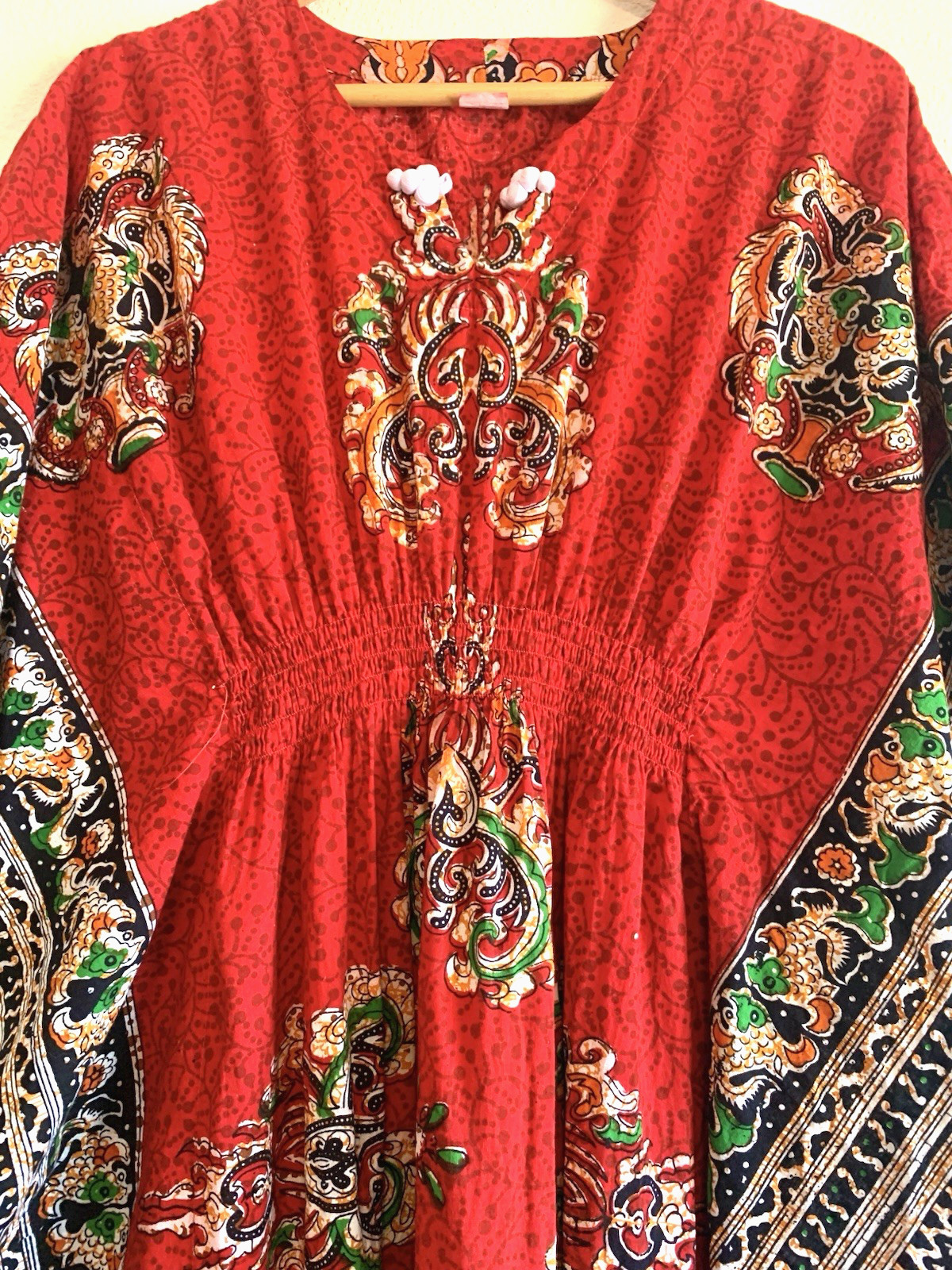 VTG RED BATIK Asian Maxi Long DRESS Kaftan Muumuu Lounge Flutter Empire LARGE
