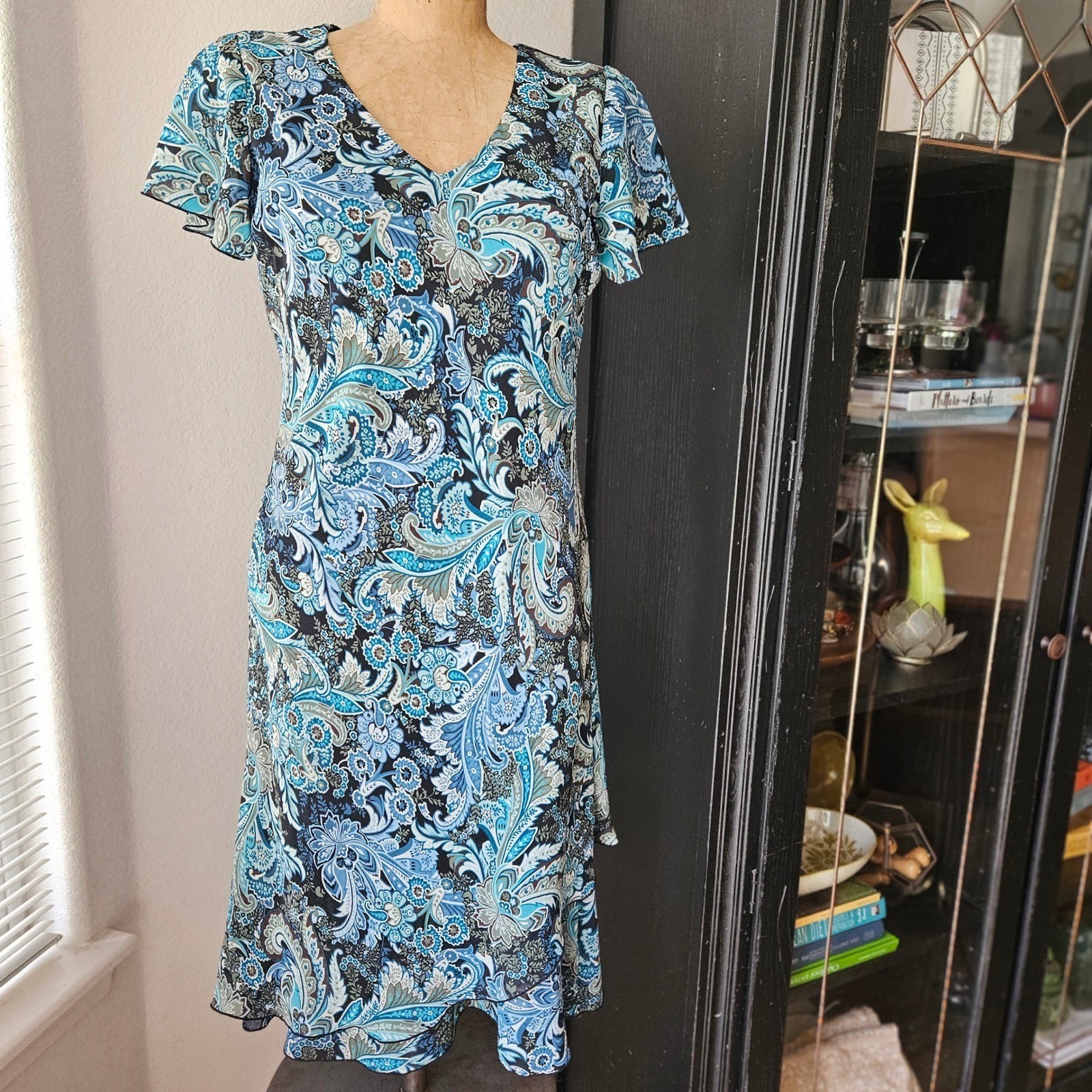 Vintage LA Los Angeles Gal Paisley Midi Dress Blue Boho Cottagecore Sz 8