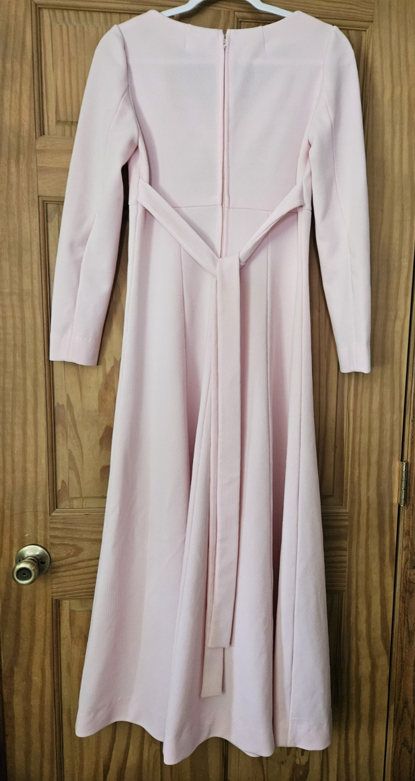 Vintage 70s Empire Waist Maxi Dress Boho Long Sleeve Pink White Pinstripe!