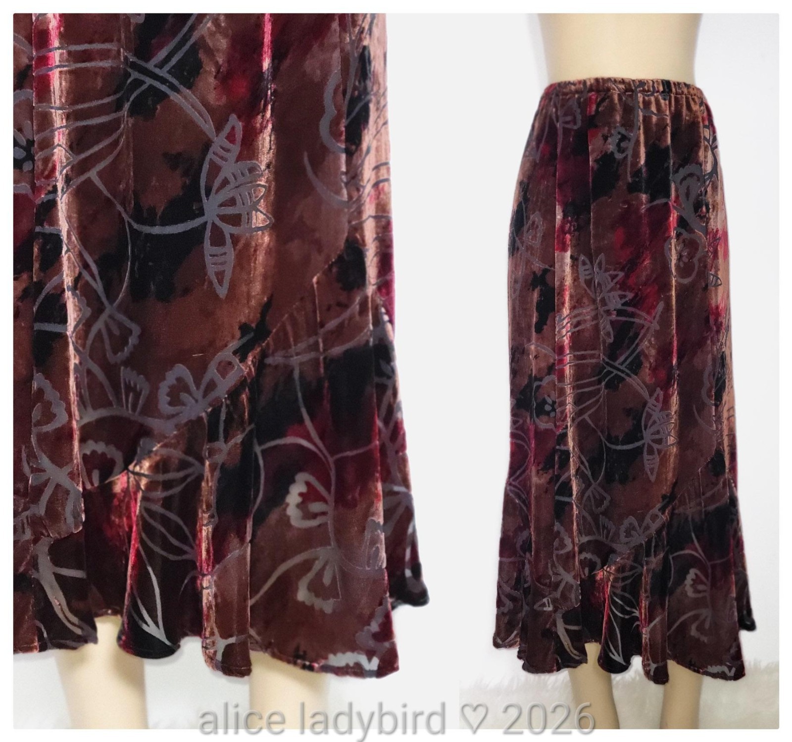 Vintage SILK Burnout SKIRT Floral VELVET Sheer Chiffon SLIP Betsey Maxi 2 L/XL