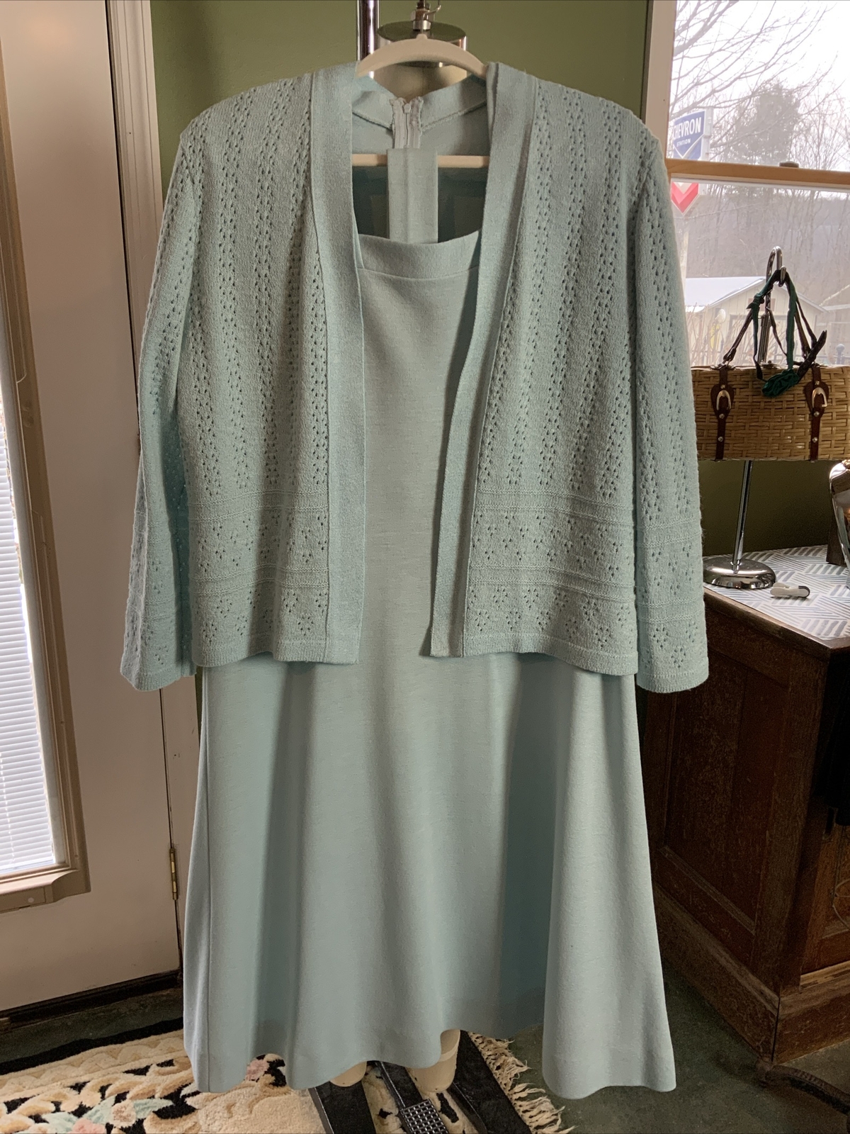 Vintage 2PC Crochet Knit Blue Sweater Dress Cardigan Sweater Plus Sz 18