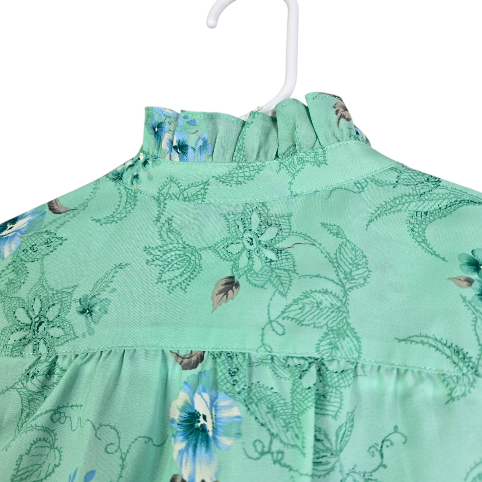 Vintage Floral Ruffle Blouse Womens 8 Mint Green Victorian Style Pastel Grandma