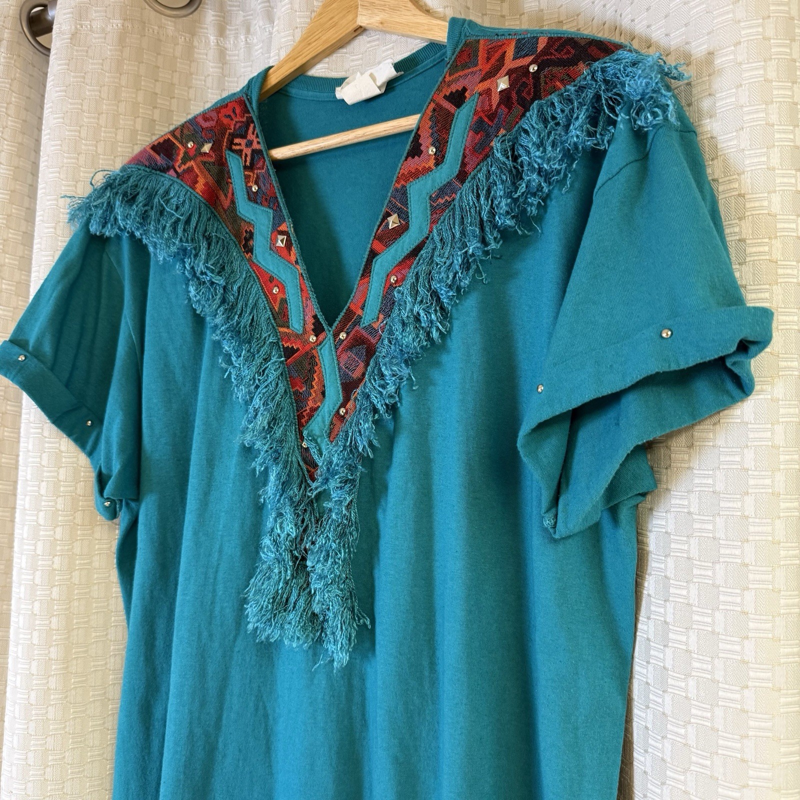 Vintage 80’s USA Joanie W Southwestern Fringe Turquoise Cowgirl Studded L Shirt