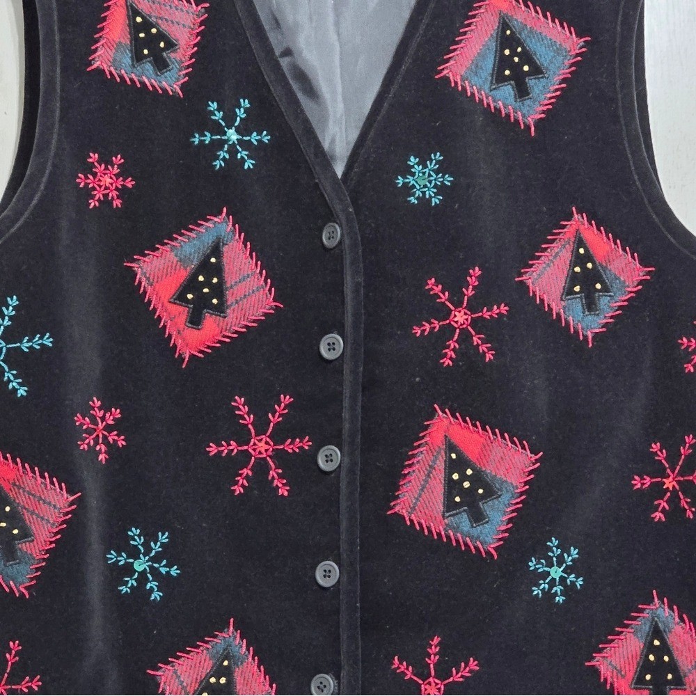 Talbots Vintage Black Red Green Embroidered Velour Wool Christmas Vest Medium