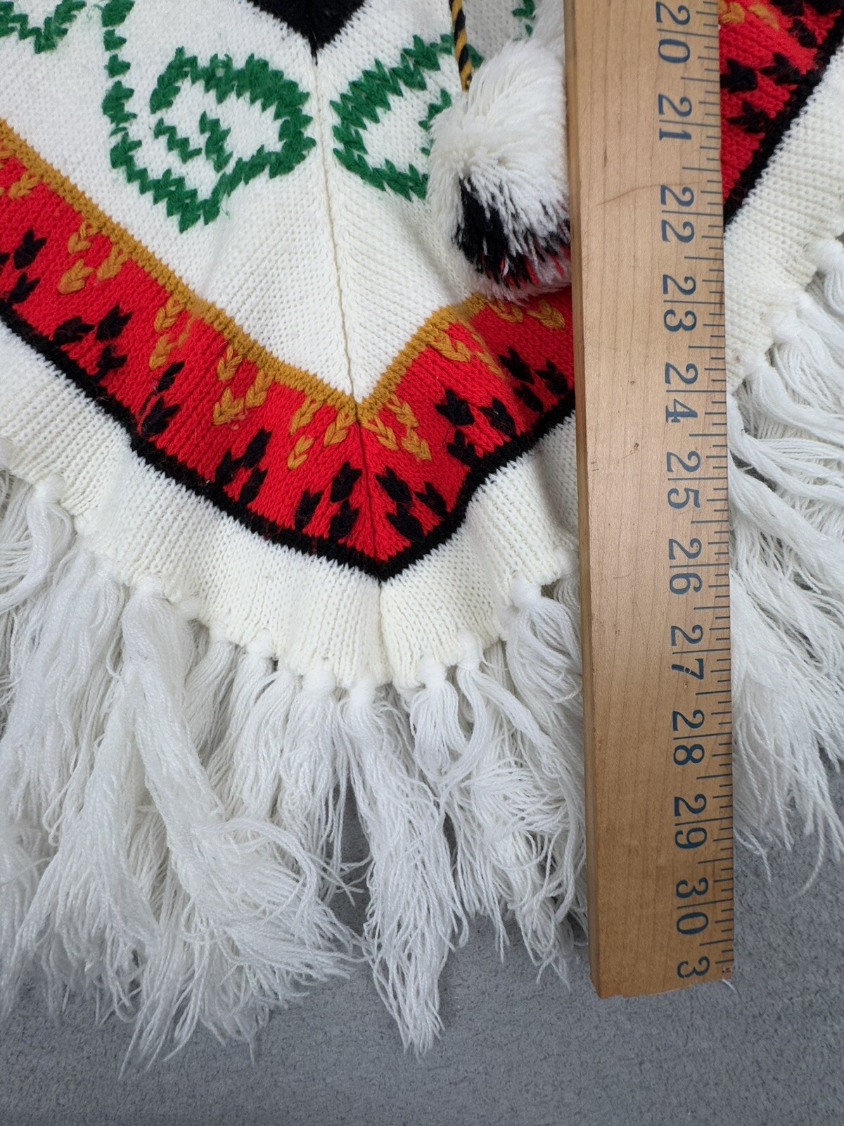 Vintage 70s Knitted Poncho Sweater Tassels Bohemian Hippie Pom Poms