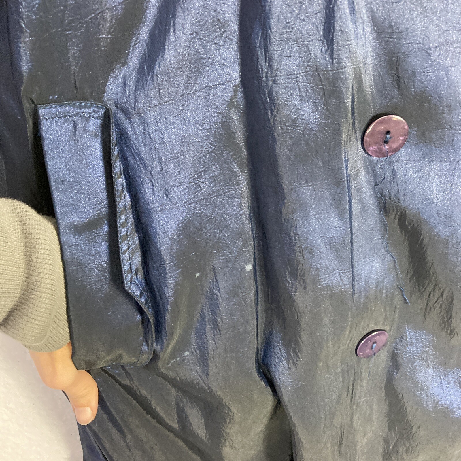 90s VTG Trenchcoat Iridescent Blue Plus 18WP Petite Belted Brem Rainwear Womens