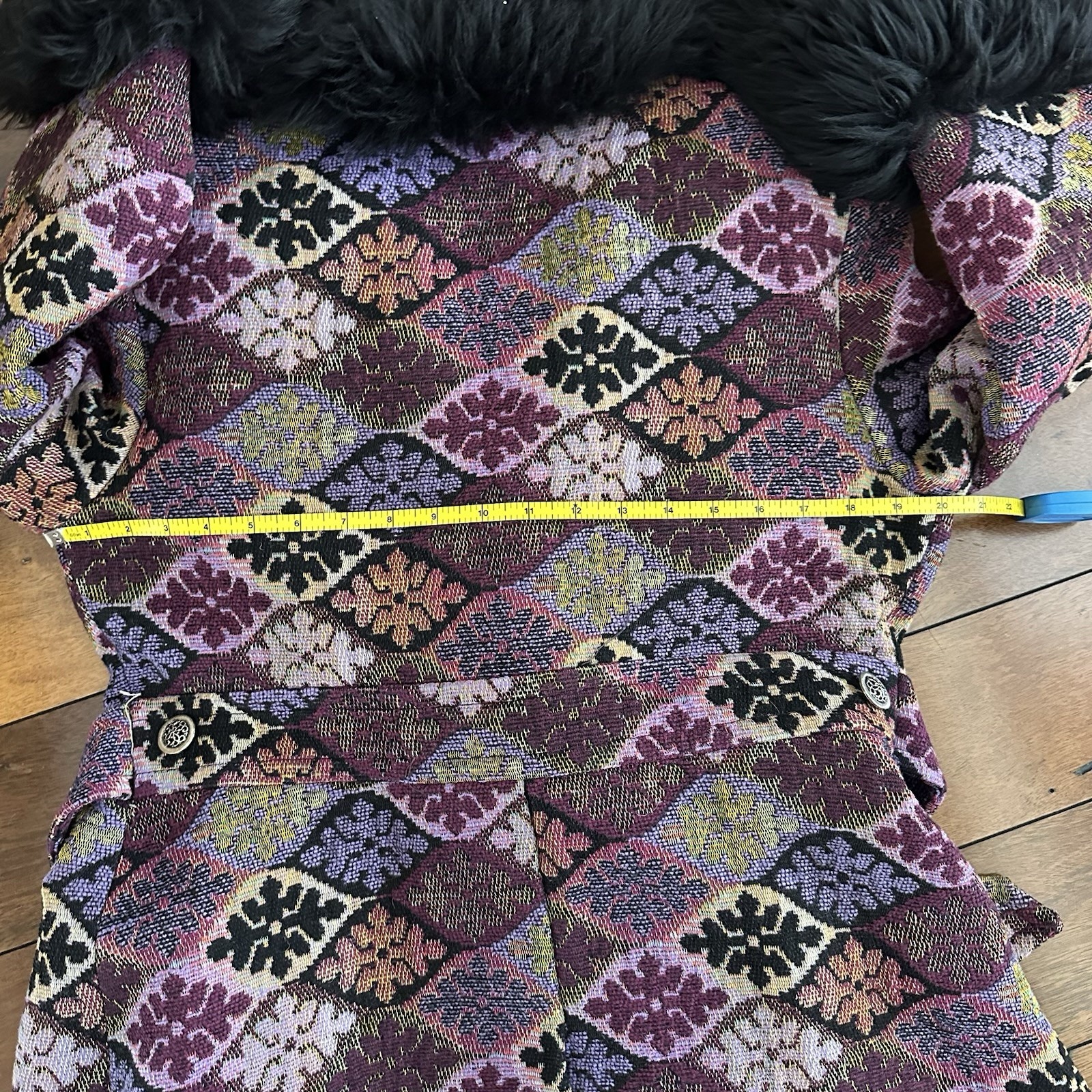 Vintage Tapestry Carpet Bag Long Coat Womens Purple Mosaic Belted 70s Boho Hippy