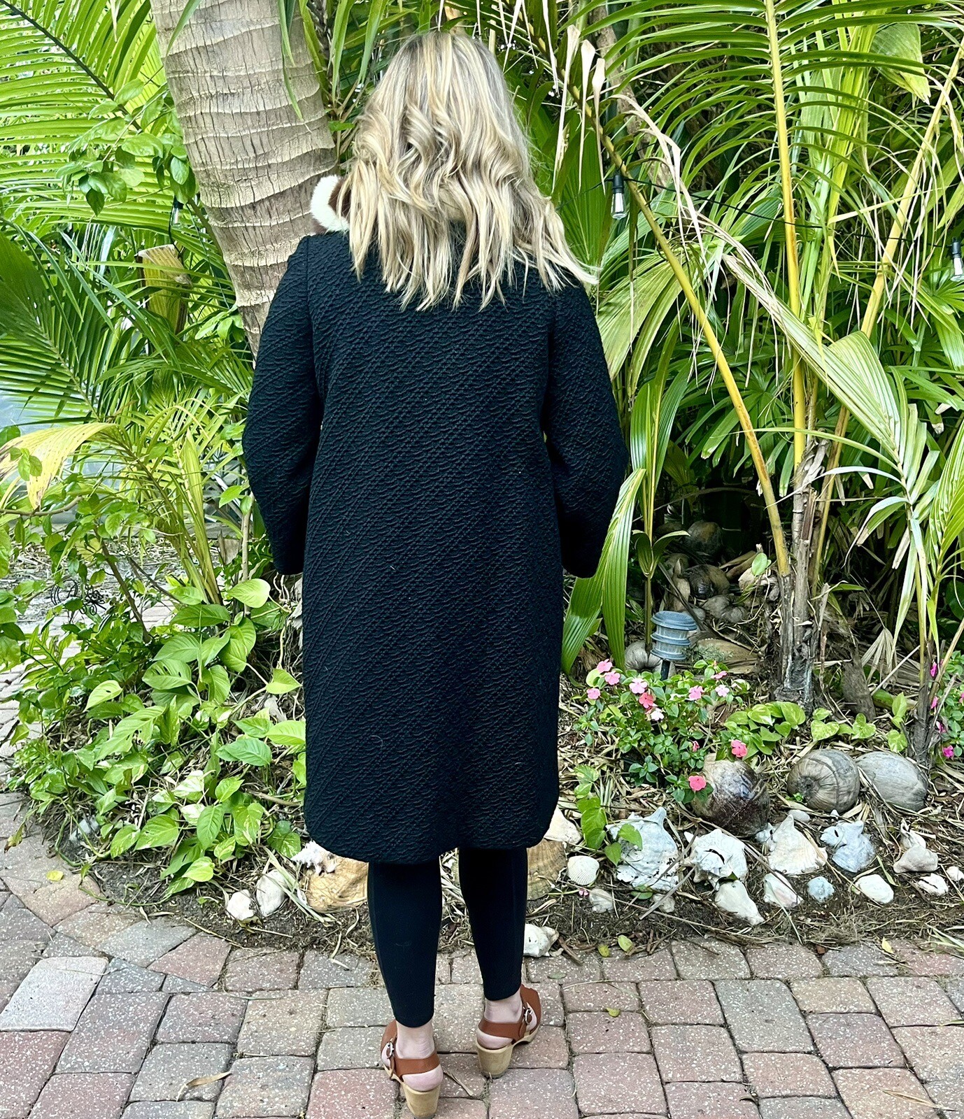 Vtg MCM Black Coat Stripe 2 Tone Fur Collar Swing Textured OOAK Glam Mid Century