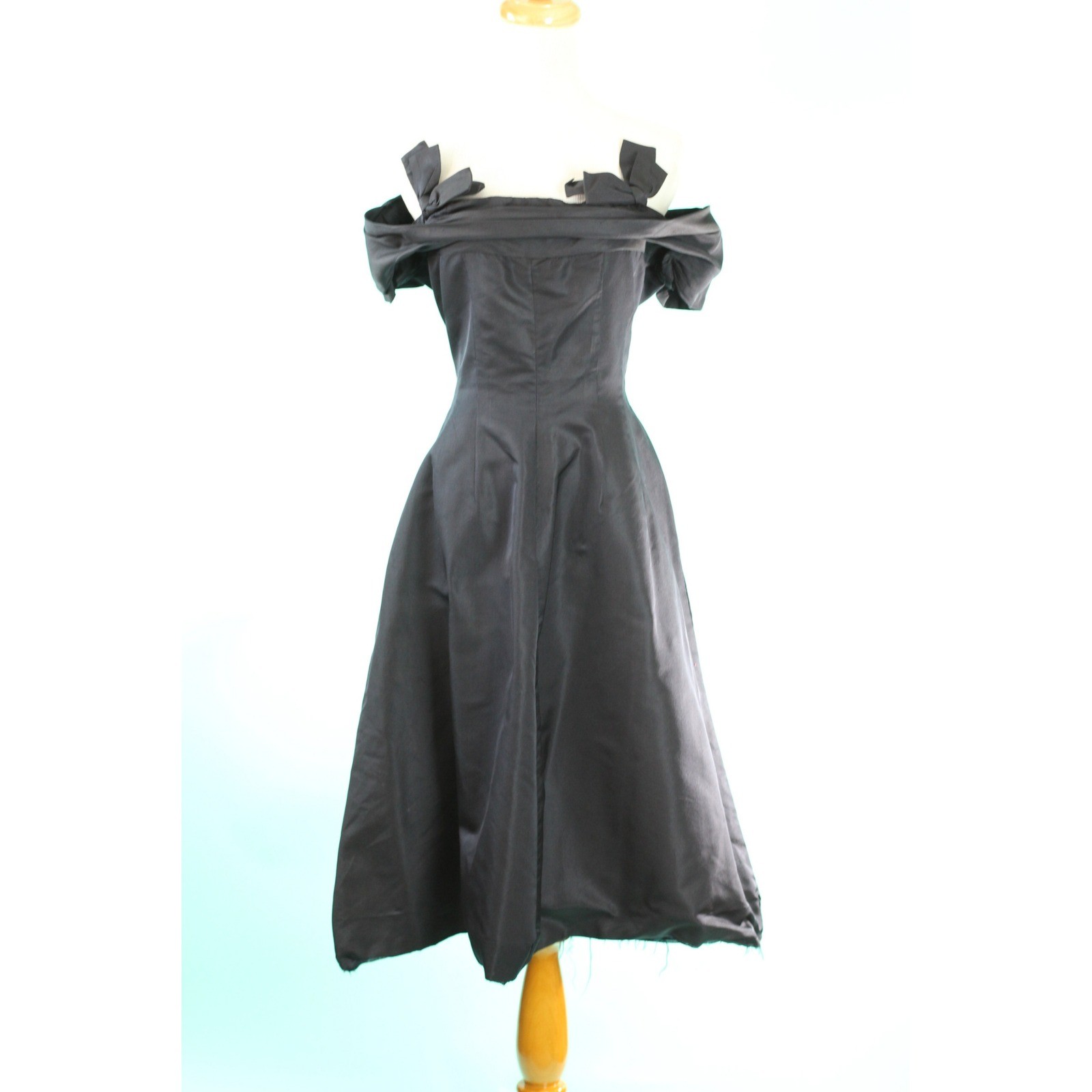 Vintage 1950s Black Silk Portrait Neckline Bow Cocktail Dress Mid-Century Modern