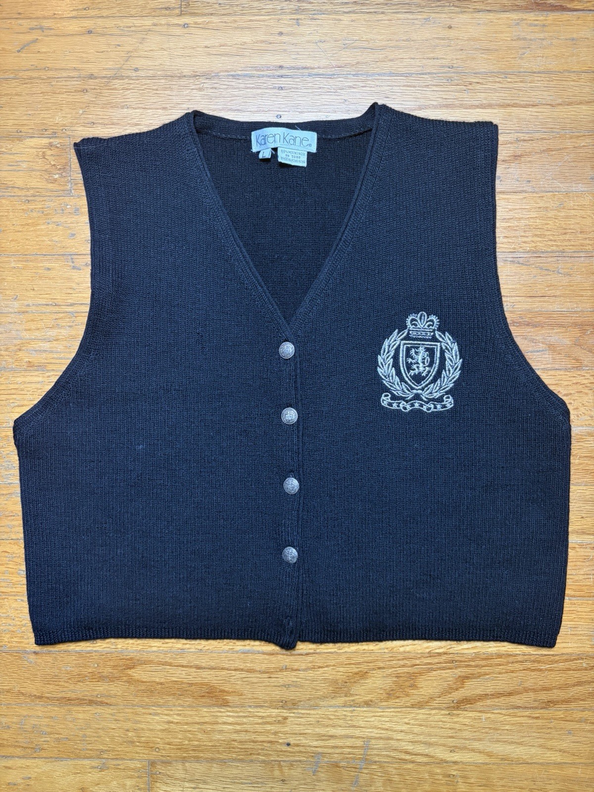 Vintage 90s Black Sweater Vest Karen Kane Size L 100% Wool Crop Y2K Preppy