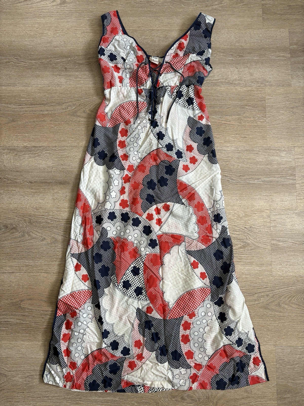 1960’s Vintage Beeline Fashions Lace Up Maxi Dress Red White & Blue Medium