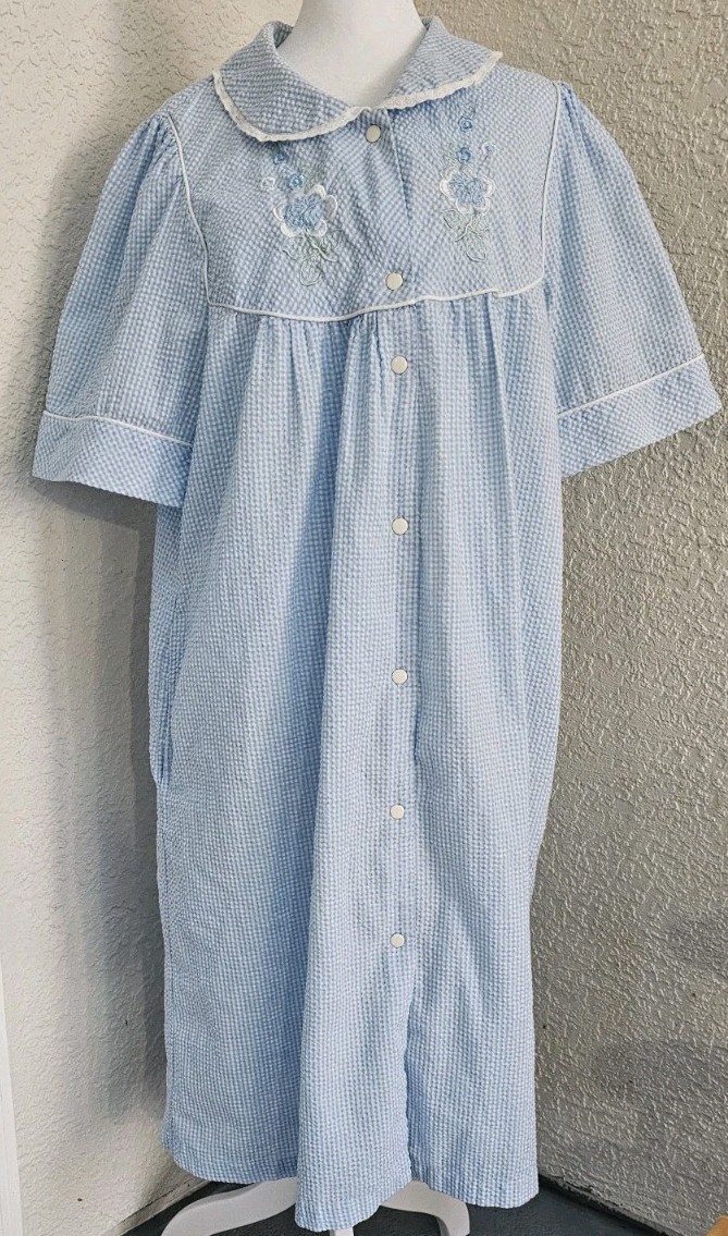 Coffee Time Muu Muu Patio House Dress Large Blue Floral Snaps