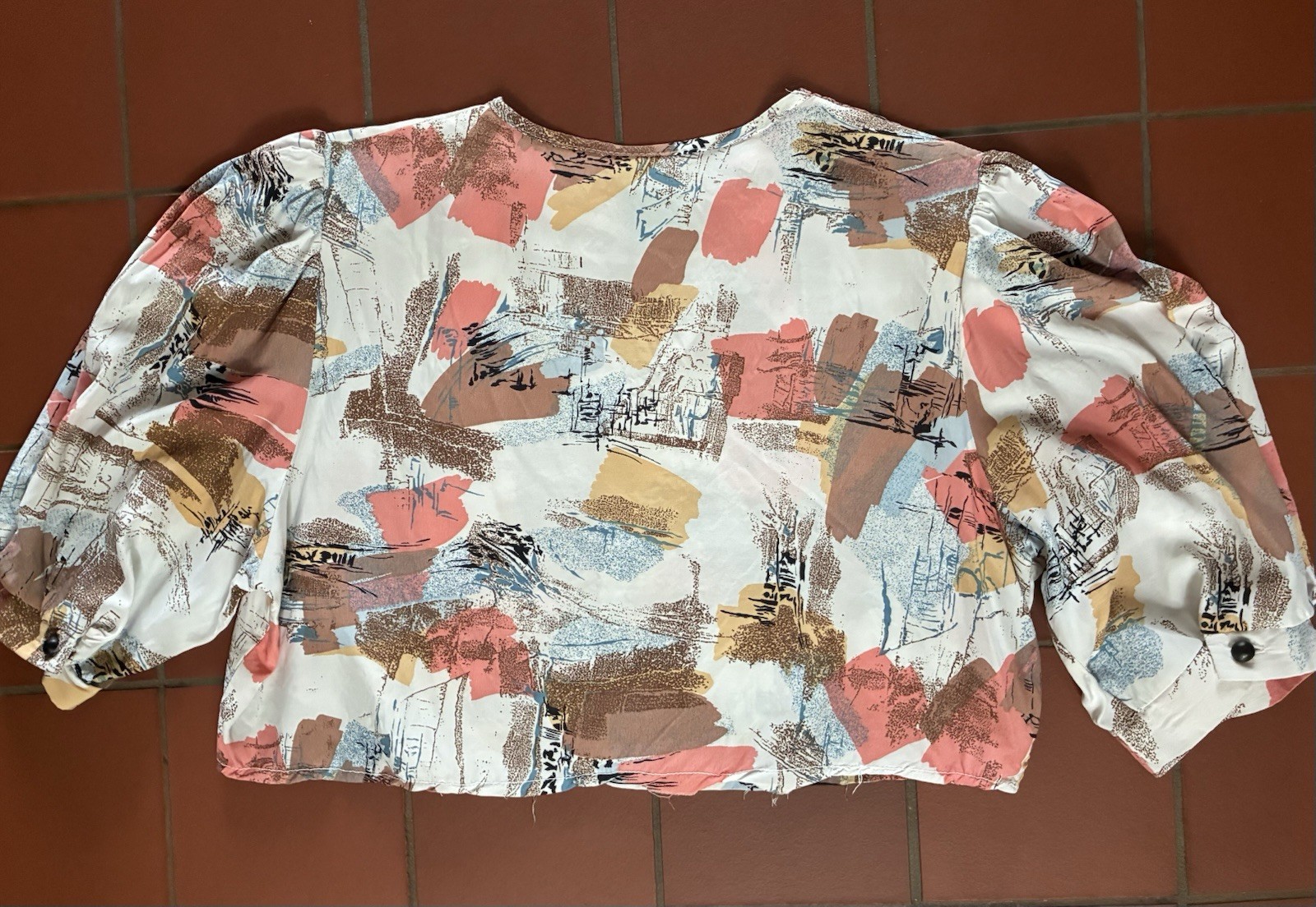 Vintage 80s Abstract Crop Top Puff Sleeve Made in West Germany size Large
