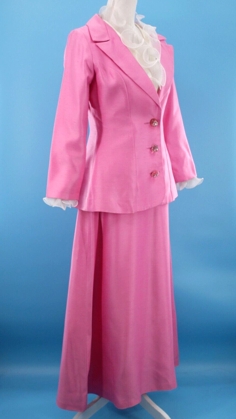 Vtg Women’s 60s 2 Pc Pink & White Ruffle Front Maxi Dress W/ Jacket XS/S 1960s