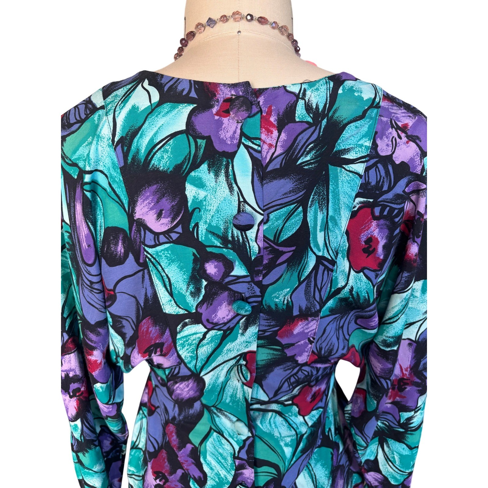 80s Floral Dolman Sleeve April Rain Dress M Teal Purple Multi Vintage