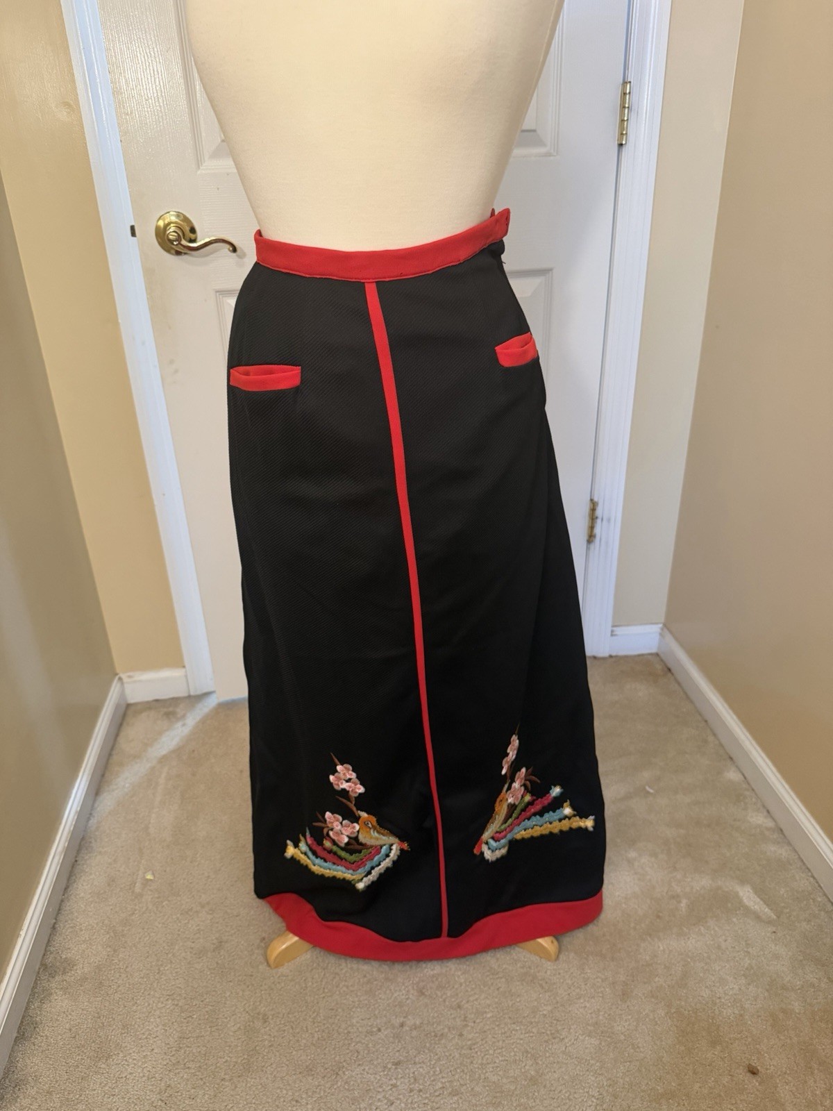 2 Vintage Handmade Embroidered Maxi Skirts Asian Bird & Cherry Blossom 24 Inches