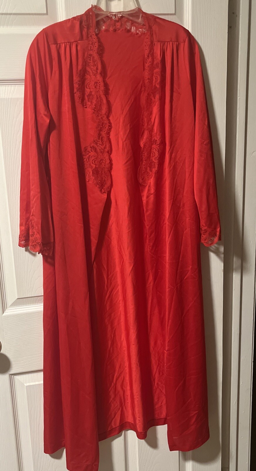 VINTAGE OLGA Red Long Robe Lace Trim Small Style 94250