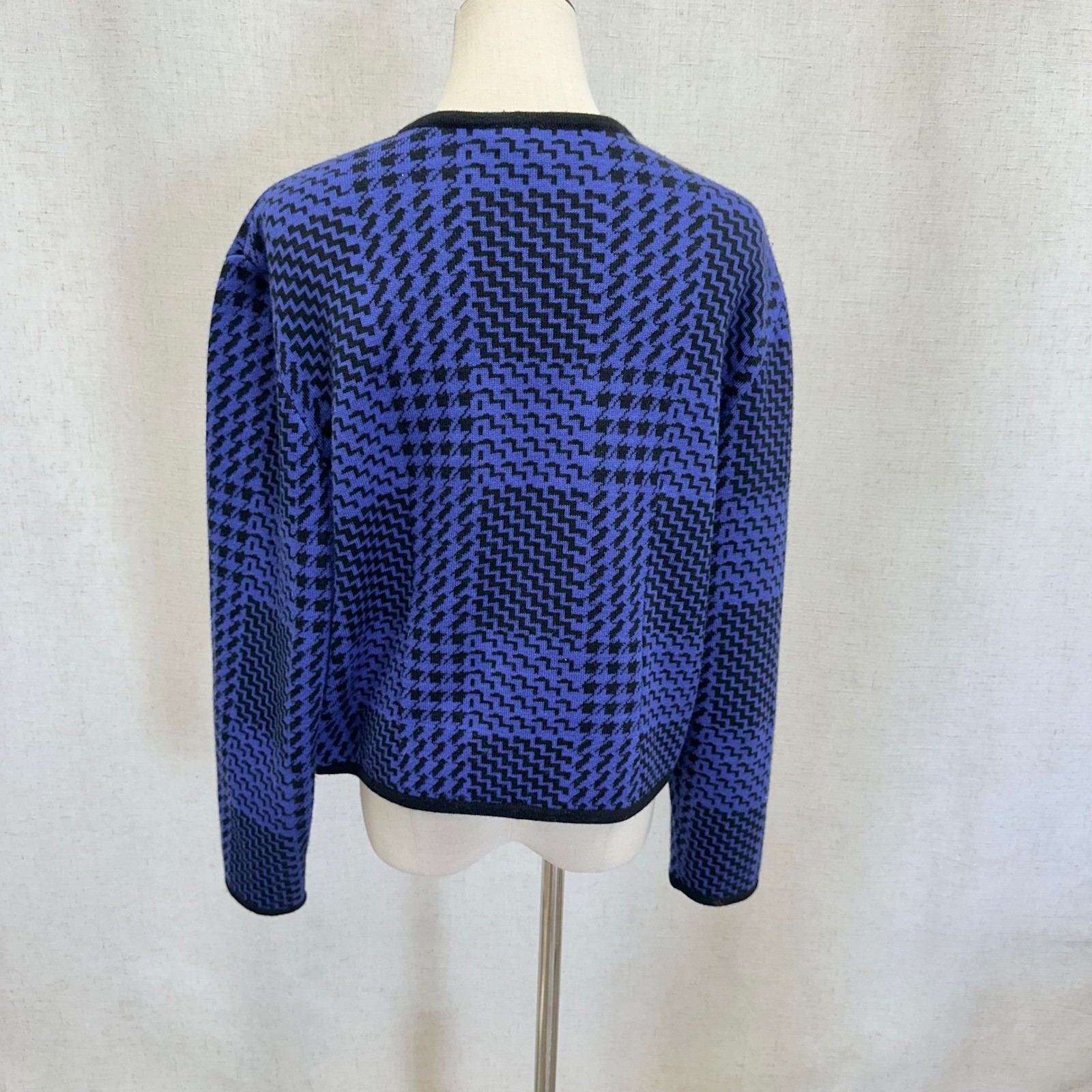 Ciao Ltd Vintage Cardigan Womens Large Blue Black Houndstooth Wool Blend Knit
