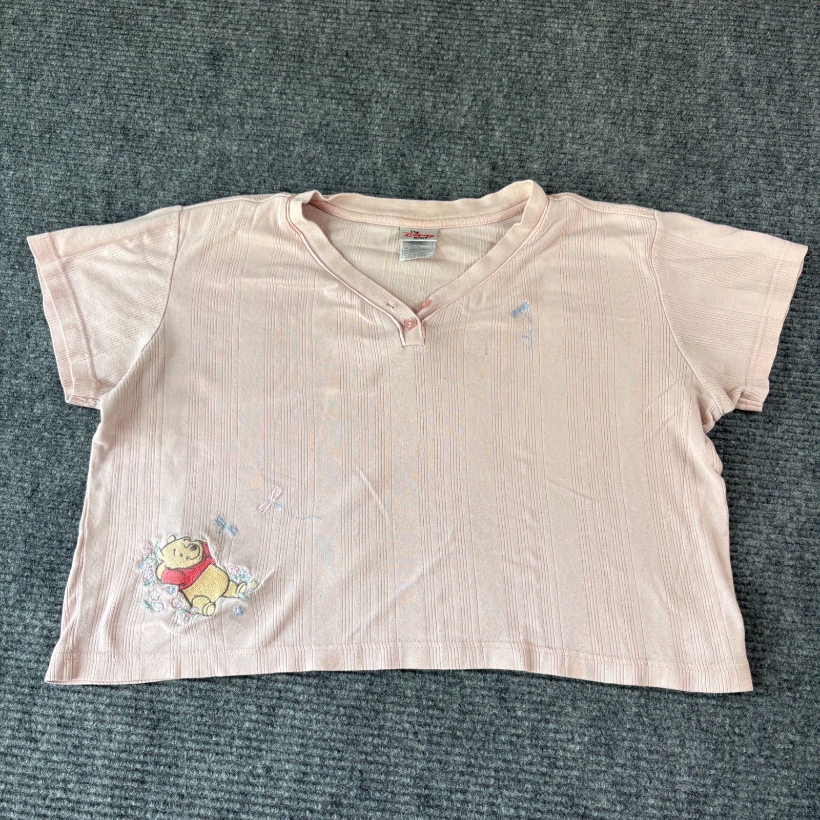 The Disney Store Winnie the Pooh Pink Ribbed Embroidered Henley Crop Top S/M