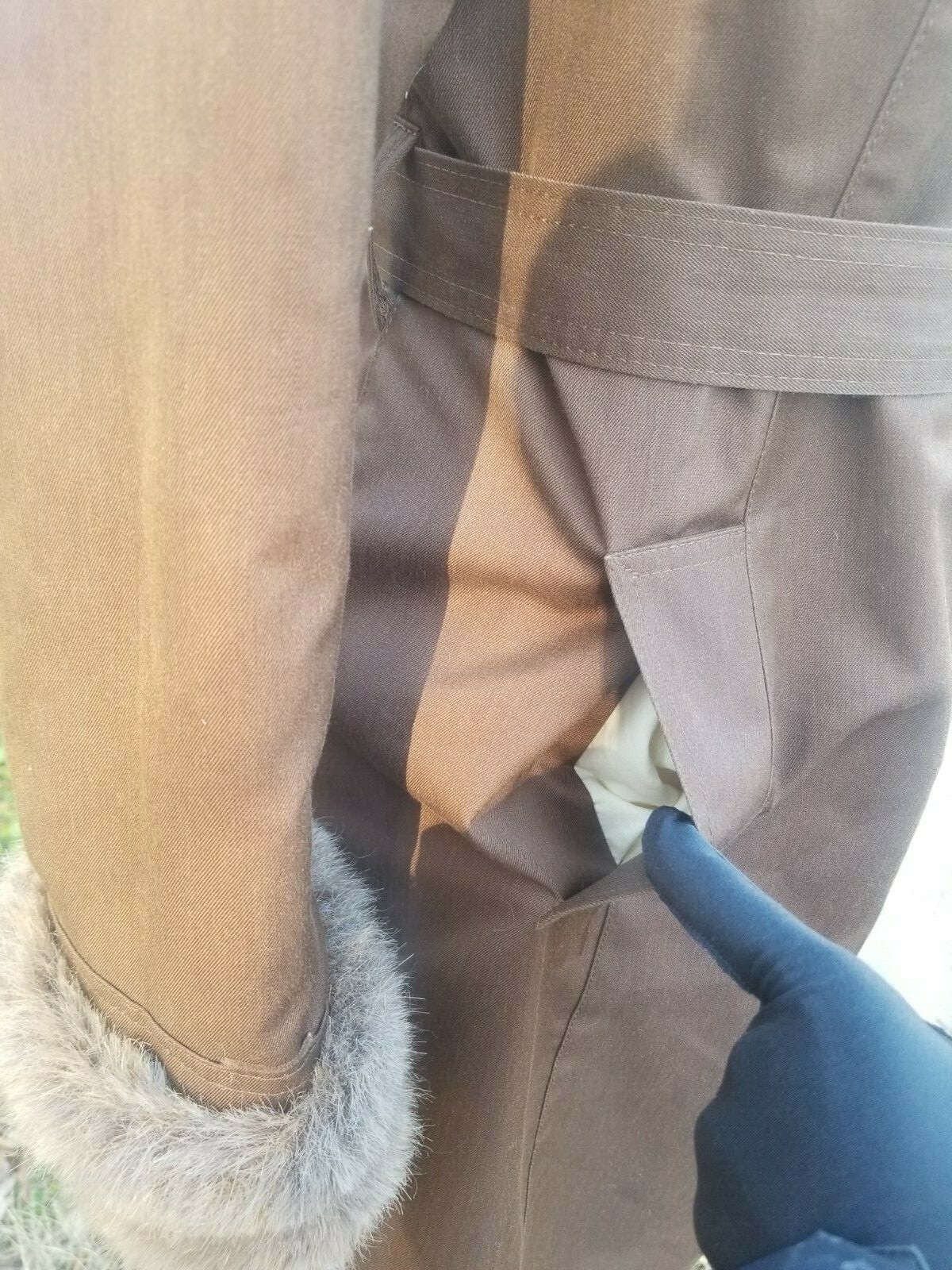 Vibtage 1970s Khaki brown trench robe coat faux fur lining hooded belted fits S