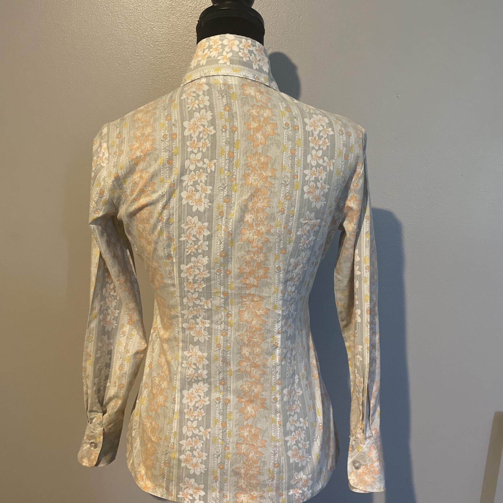 Vintage College Town Small Floral Stripe Button Down High Collared Blouse Top