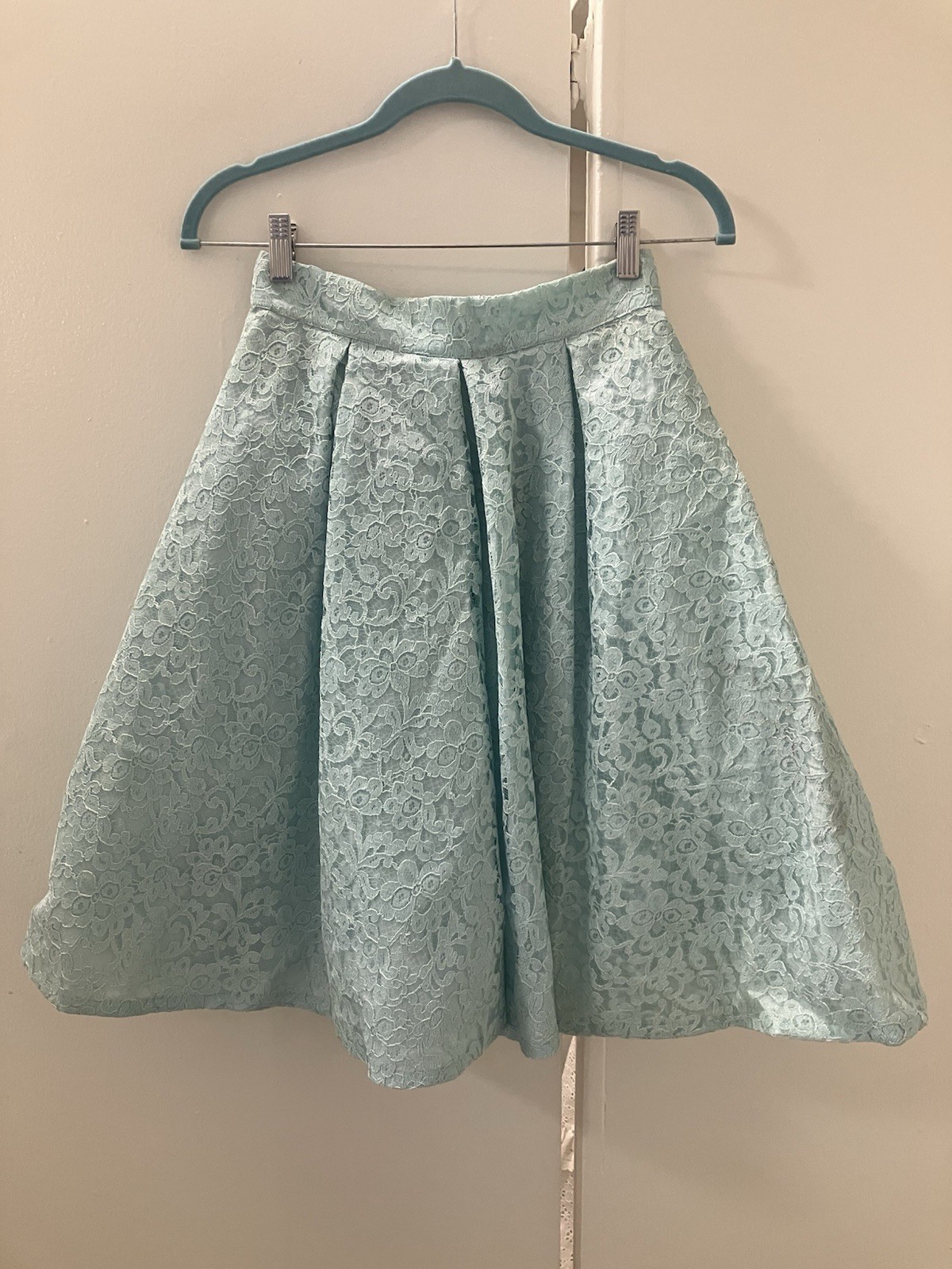 Vintage 50s 60s Teen Womens Aqua Blue Green Lace Satin Bow Over Skirt XS S