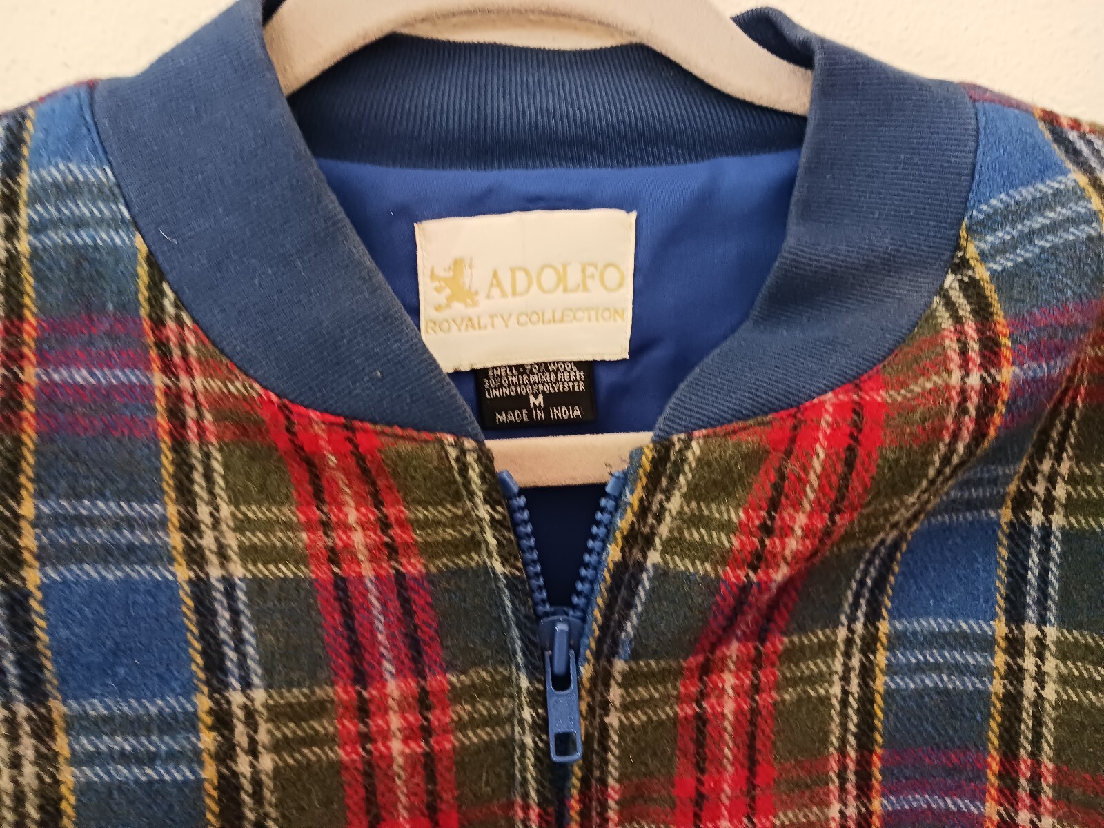 1980s Adolfo Royalty Collection M 48″ Blue Red Tartan Plaid Wool Bomber Jacket