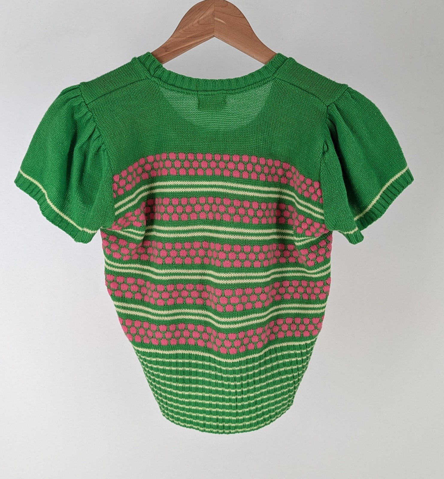 Vintage 1970s Short Sleeve Knit Sweater Green Pink Stripe Geometric Mod Japan