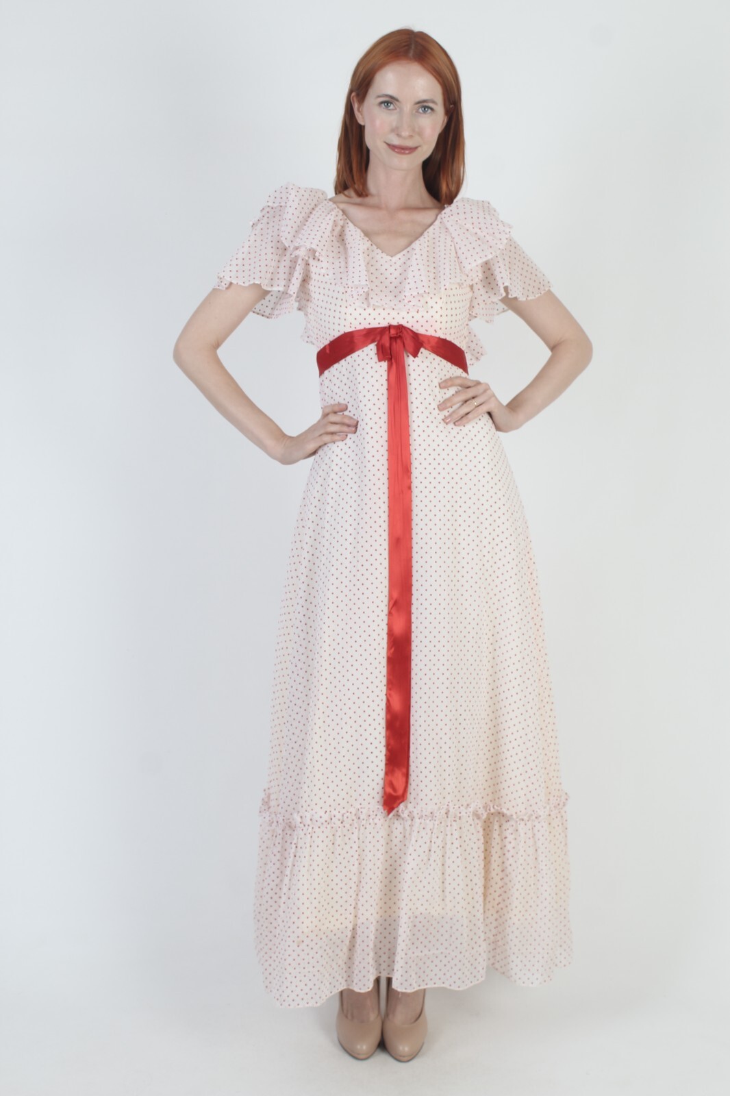 Vtg White Swiss Dot Cocktail Party Dress Southern Belle Prom High Waist Belt Max