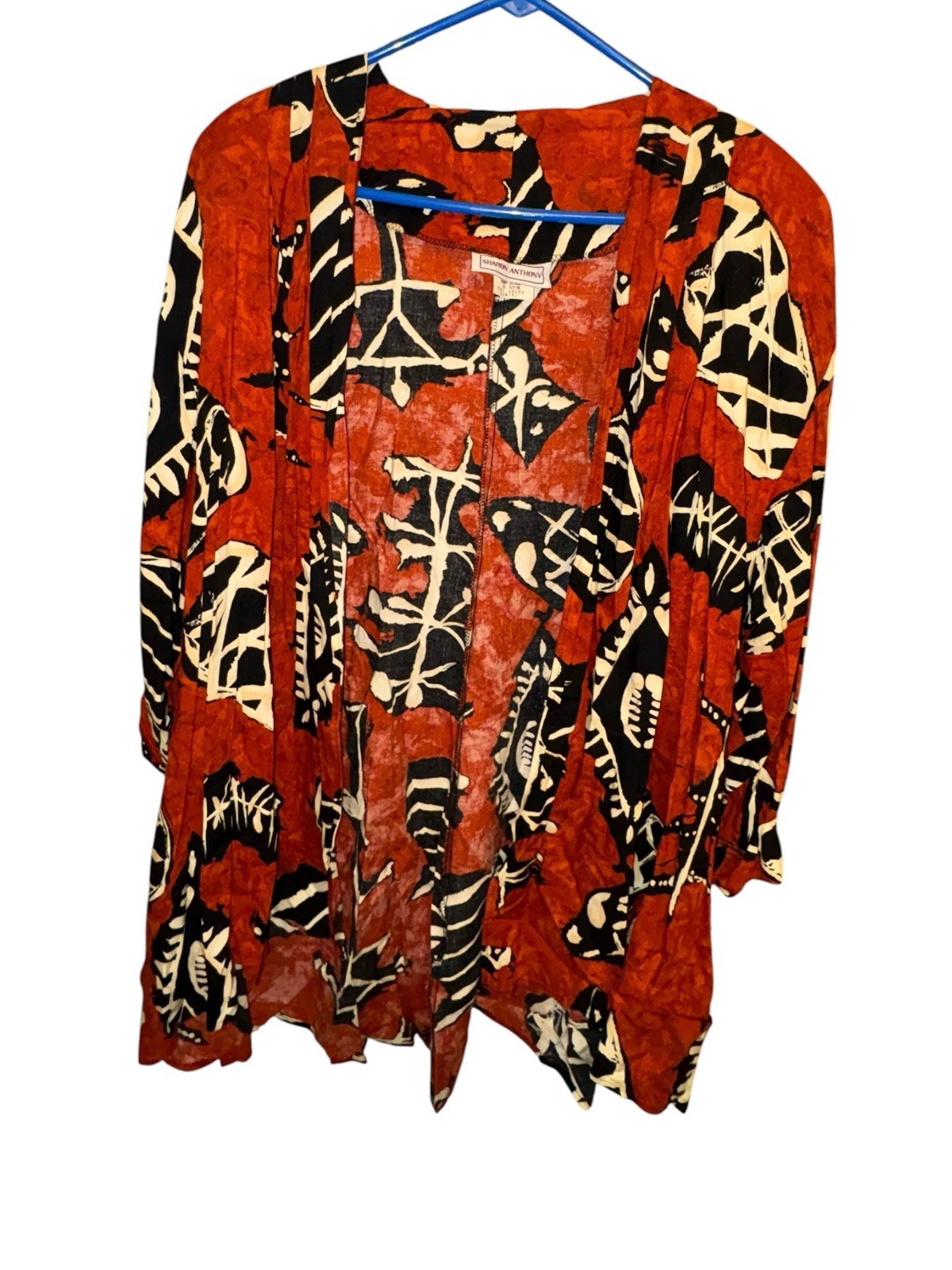 VTG Sharon Anthony Kimono Jacket 22W Red Black Abstract Tribal Art Wear Duster