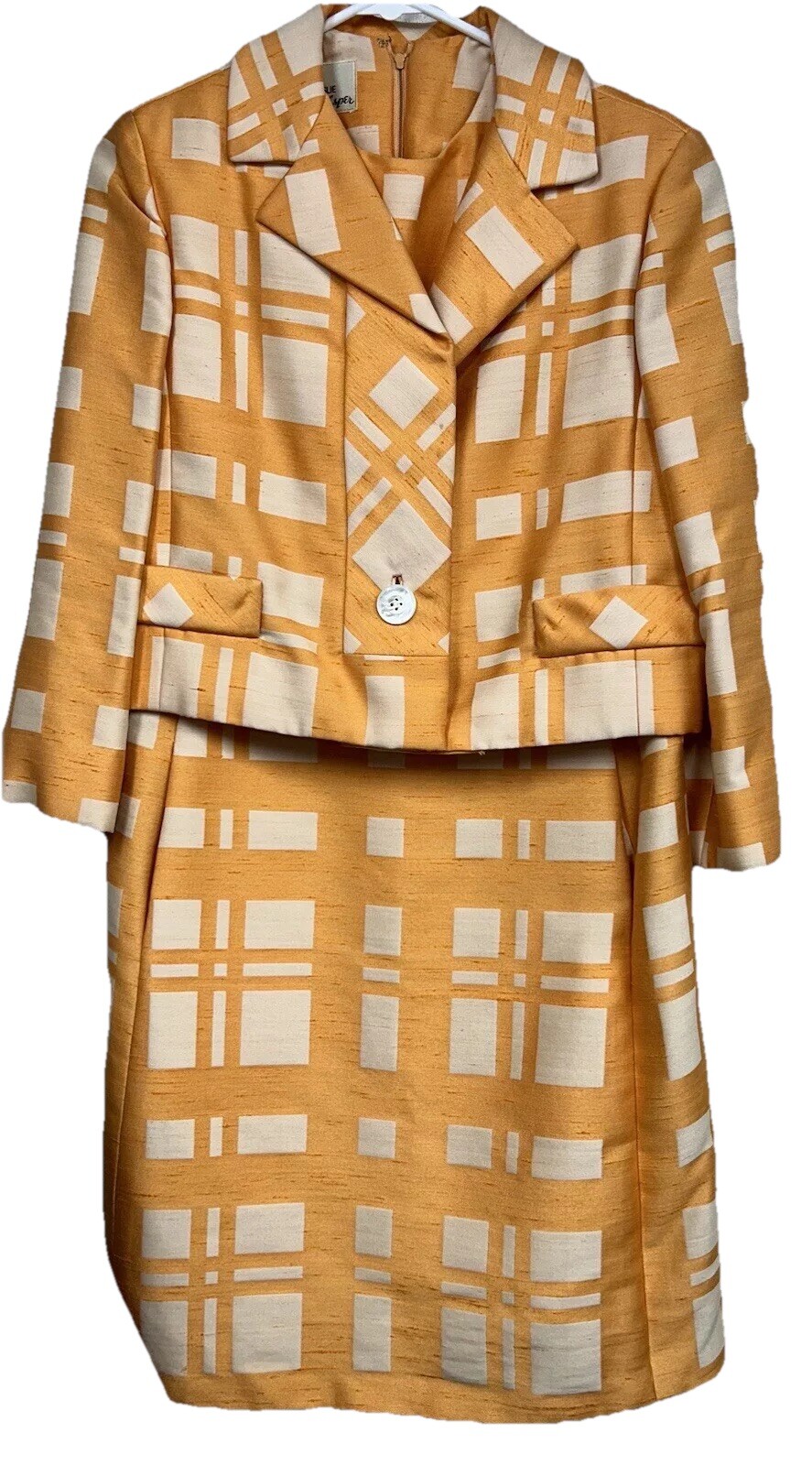 Joan Leslie Kasper Vtg 1960s Silk Dress & Jacket USA Orange White !!EXQUISITE!!