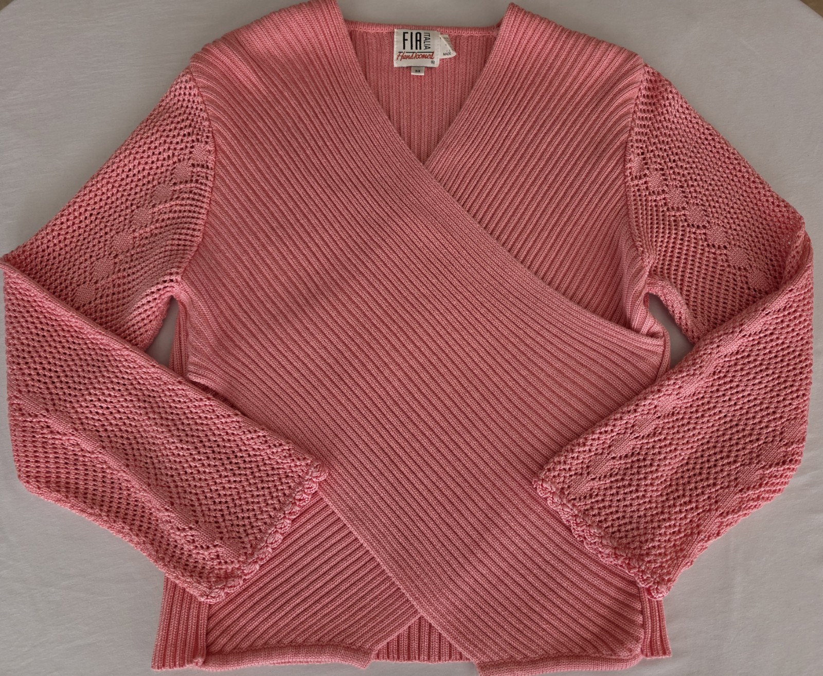 Vintage Fia Italia Handloomed Pink Long Sleeve Wrap Style Sweater Size Medium