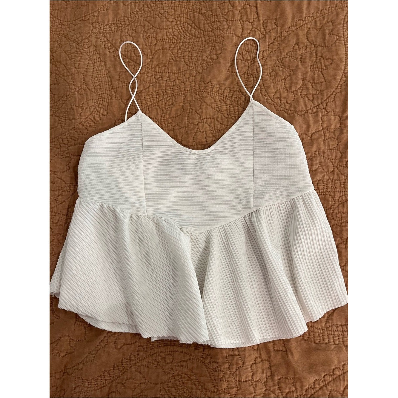 White Pleated Peplum Baby Doll Cami Top Women Small Tank Spaghetti Strap Y2K