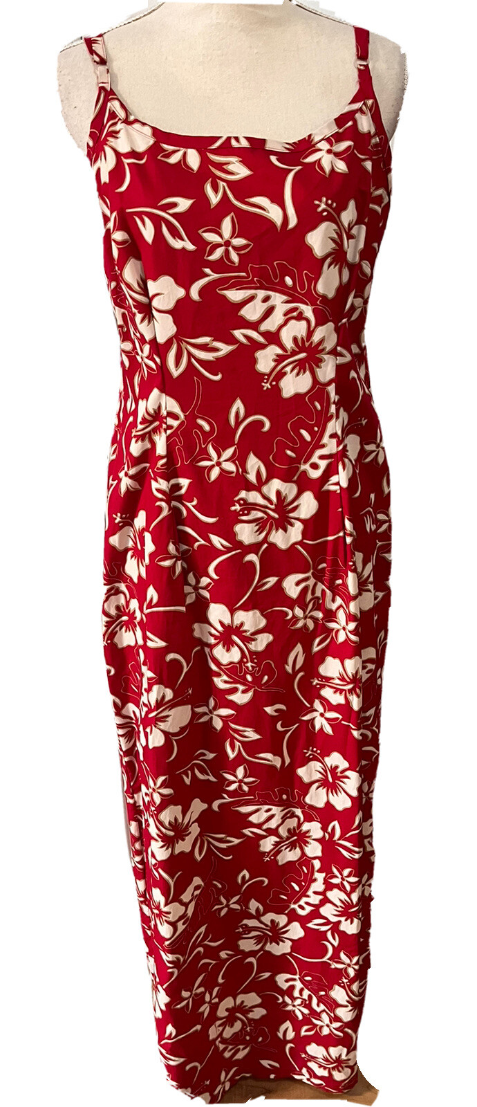 VTG Hilo Hattie Hawaii Long Sleeveless Dress Red White Floral 30” Waist 36” Hips