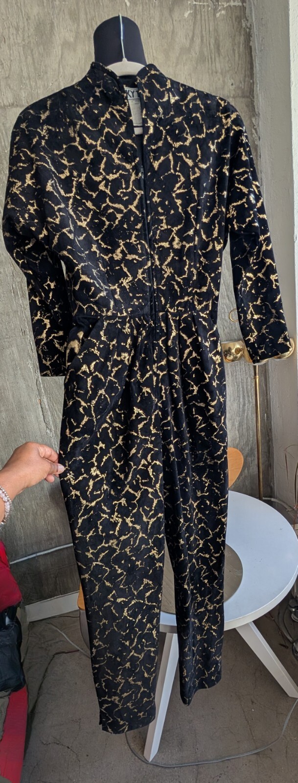 Vintage Vicky Tiel Black and Metallic Gold Suede Long Sleeve Jumpsuit France-XS