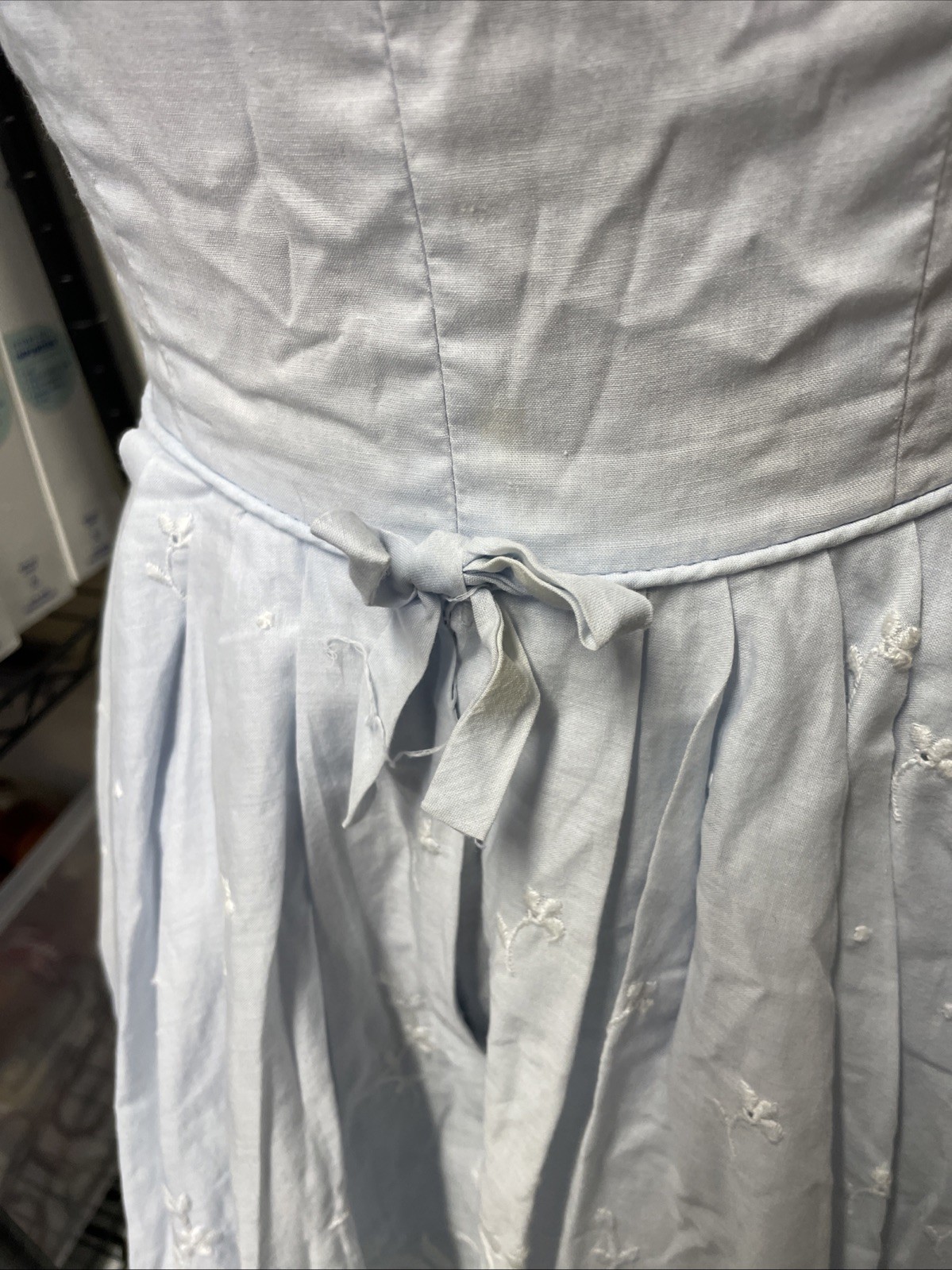 Vtg Blue Cotton Dress W/ Embroidered White Flowers Layered Split Skirt Flowy XS