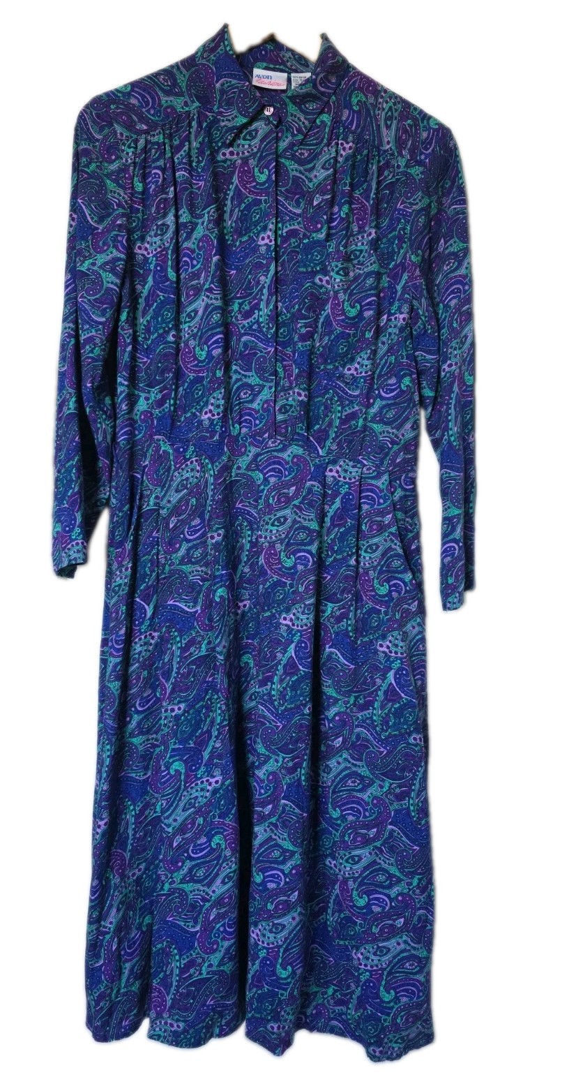Vtg 80s Avon Fashions Jewel Tone Paisley Shirtwaist Midi Dress Rayon 9/10