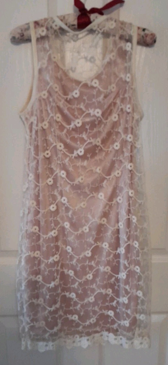 Vint. 70s Shana K Large Cottage Core Lined Pink /Mesh Embroidered Midi Dress.B28