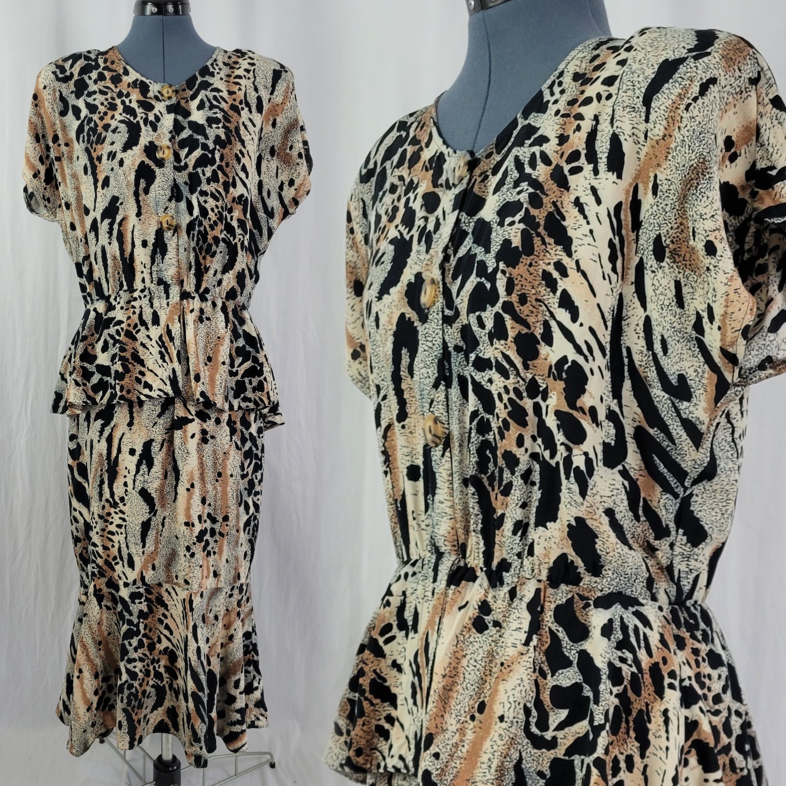 Vintage Wild Rose Tan/Brown/Black Animal Print Dress w Peplum Size 14