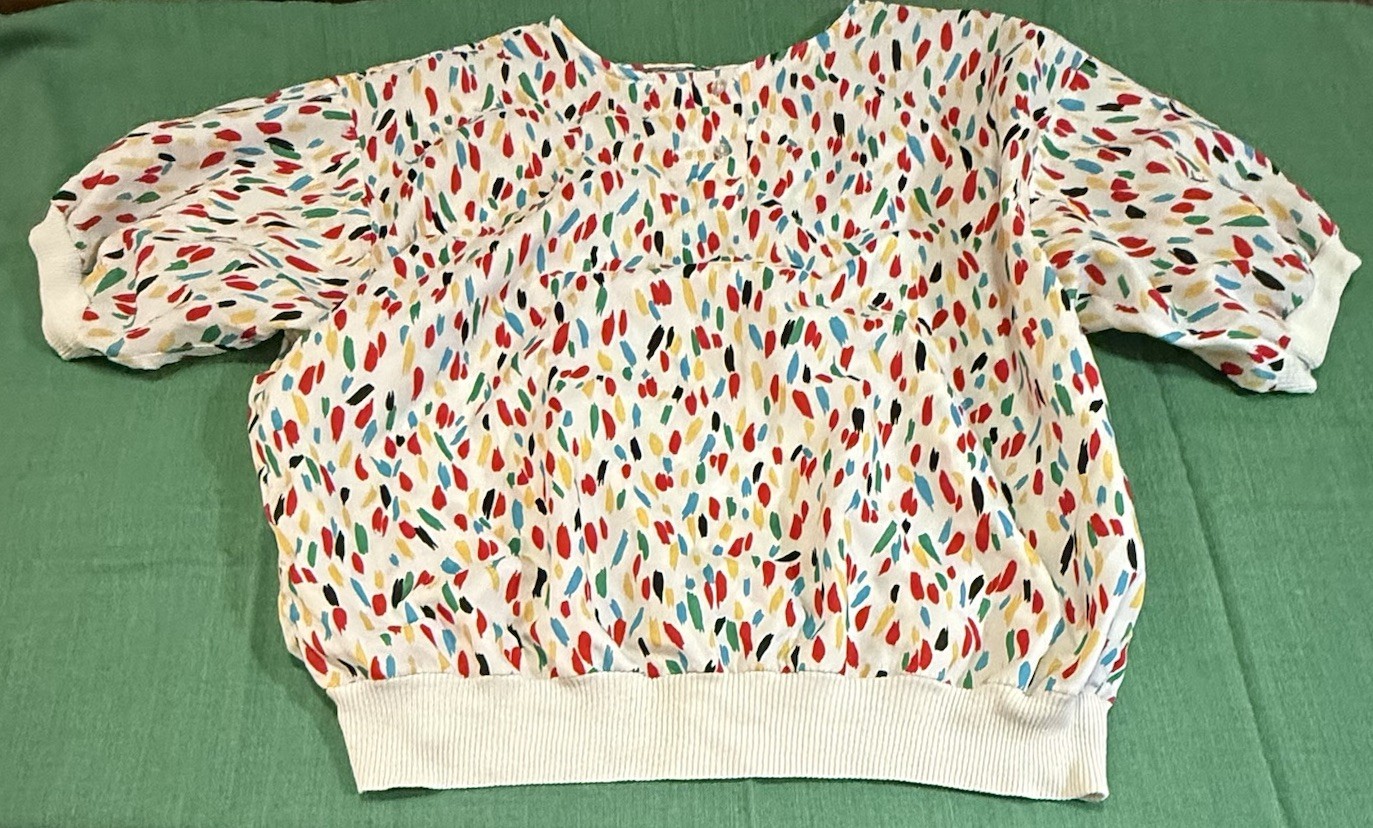 Vintage 80s Blouse Abstract Paint-Stroke Blouson with Shoulder Pads Women M