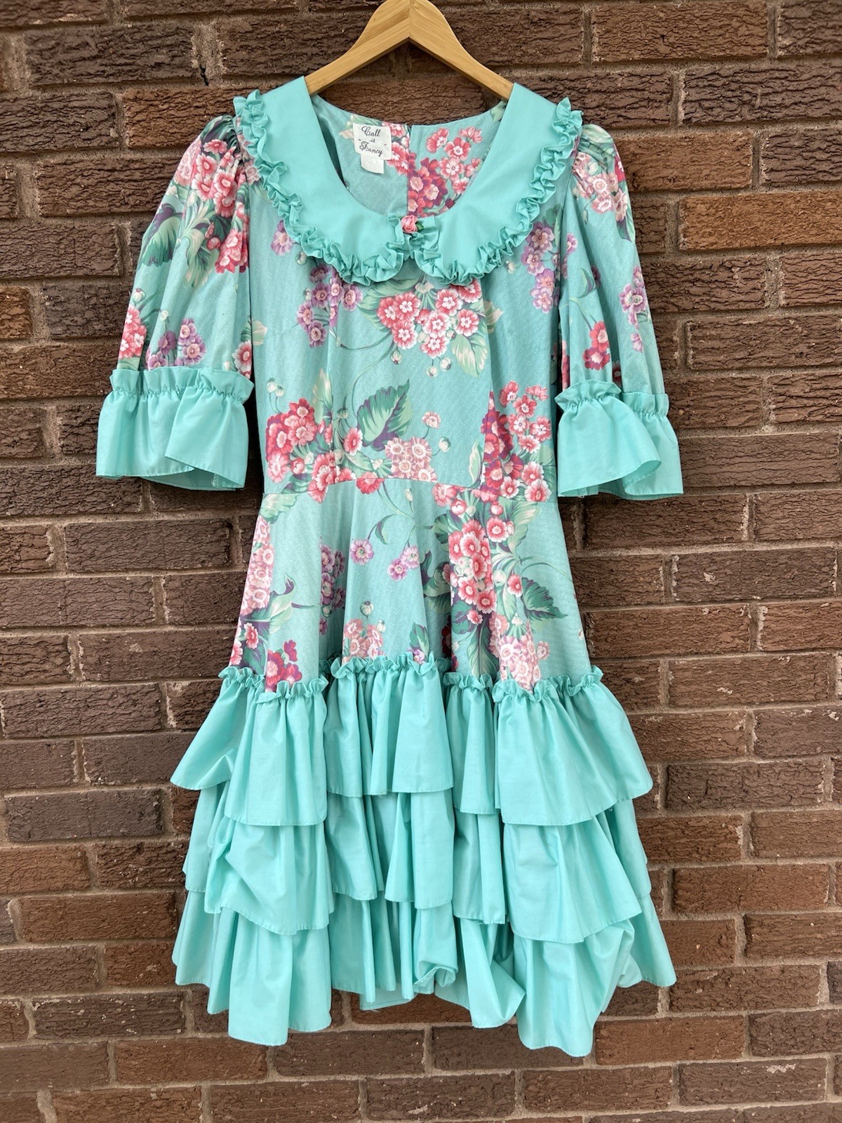 80s Vintage Floral Prairie Dress Teired Ruffle Hem CottageCore Tea Party Sz 10