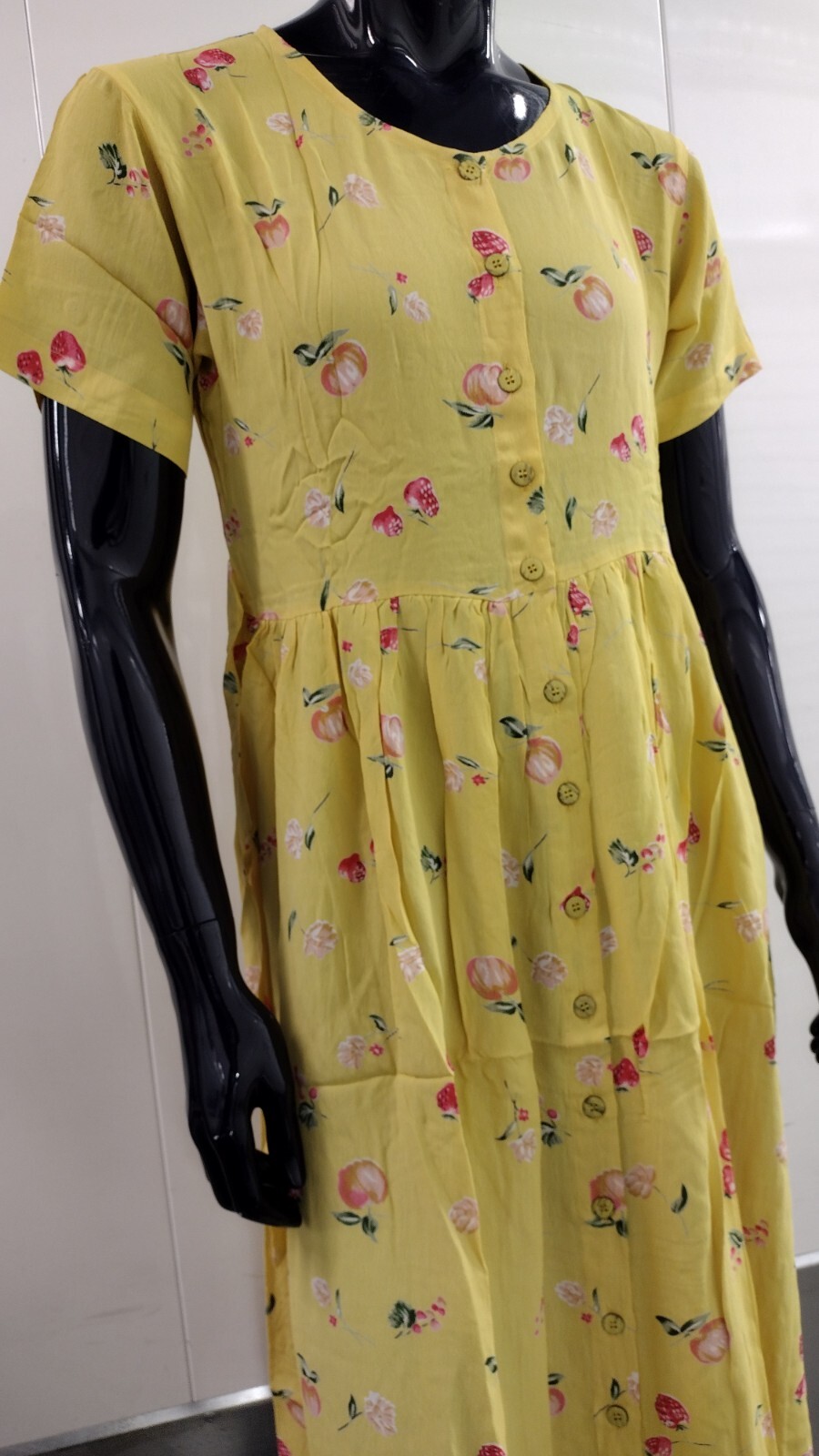 90s Rayon Yellow Dress Granny Apples Strawberry Print Country Easter Spring M
